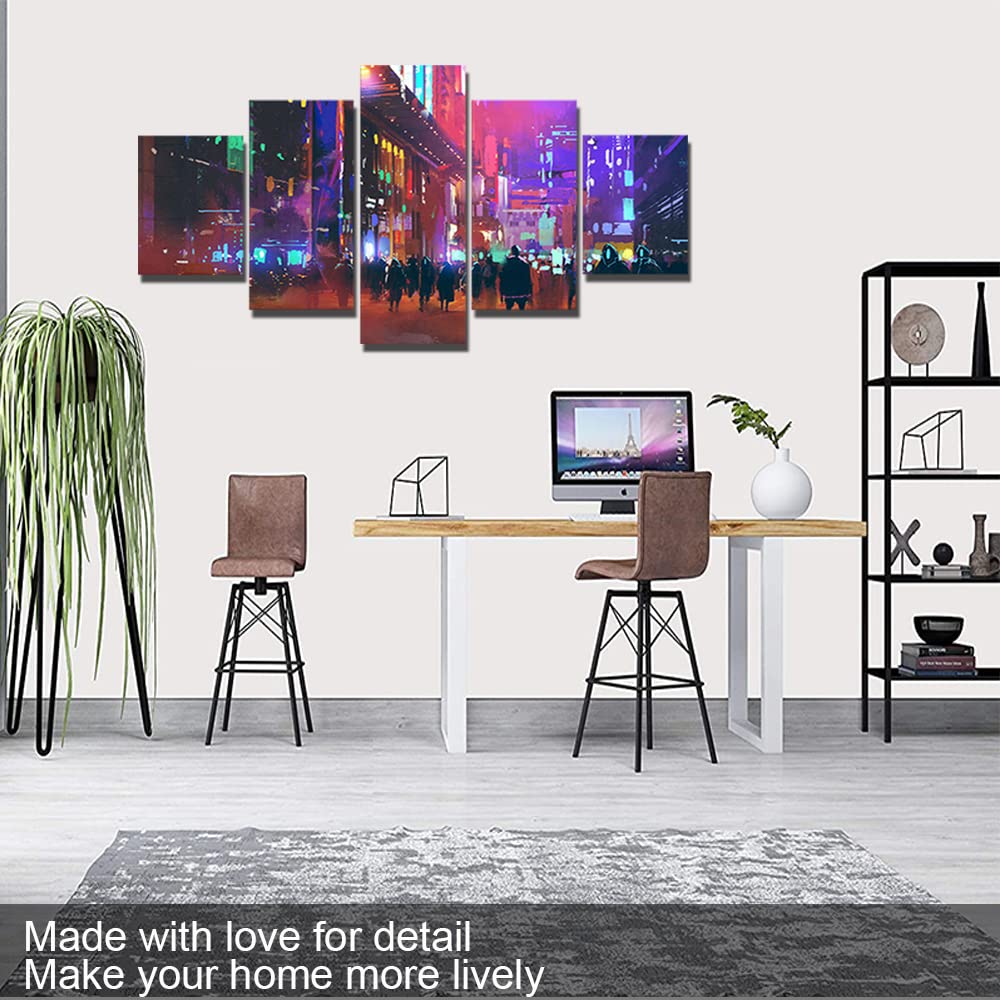 Cyberpunk City Wall Art - Neon Street Canvas Painting for Living Room & Bedroom Decor - 5-Piece Framed Set (50