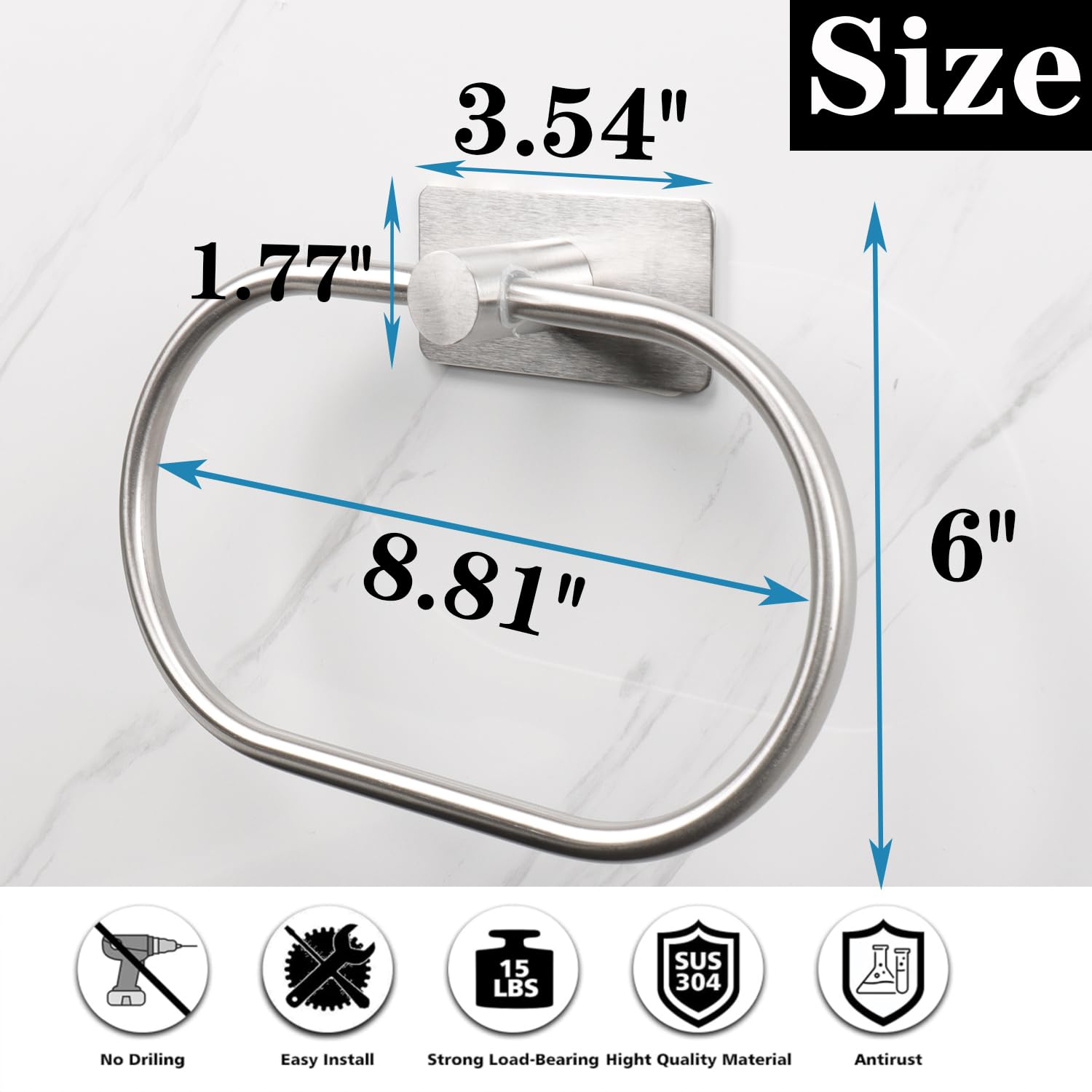 Stainless Steel Oval Towel Ring - No Drill Self Adhesive Hand Towel Holder for Bathroom & Kitchen, Thick SUS304 Modern Towel Rack (Brushed Nickel) - Perfect for Small Spaces & Rental Homes