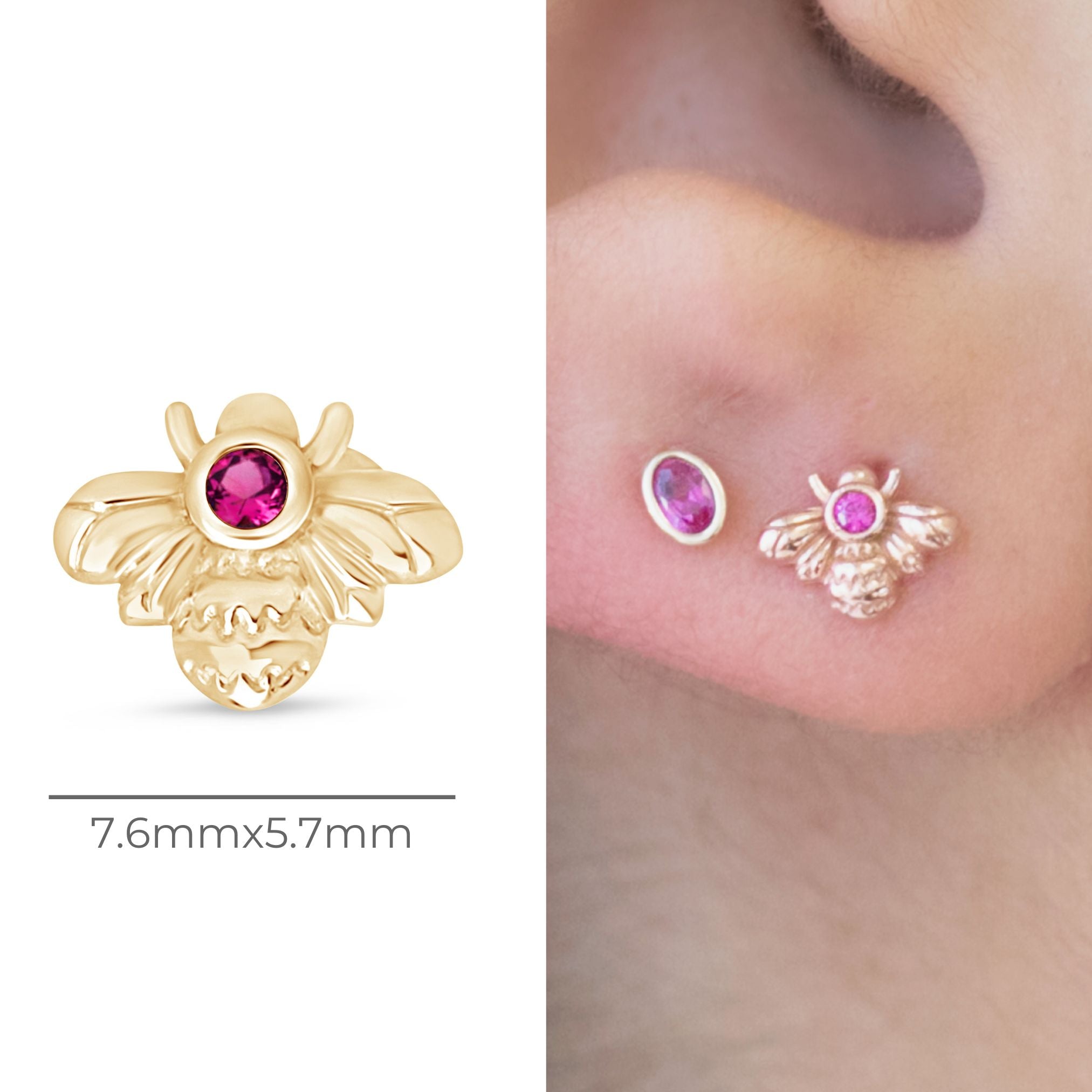 14K Yellow Gold Pink Ruby Bee Stud Earrings - Dainty Floral Jewelry for Women, Perfect for Everyday Wear, Gifts & Special Occasions