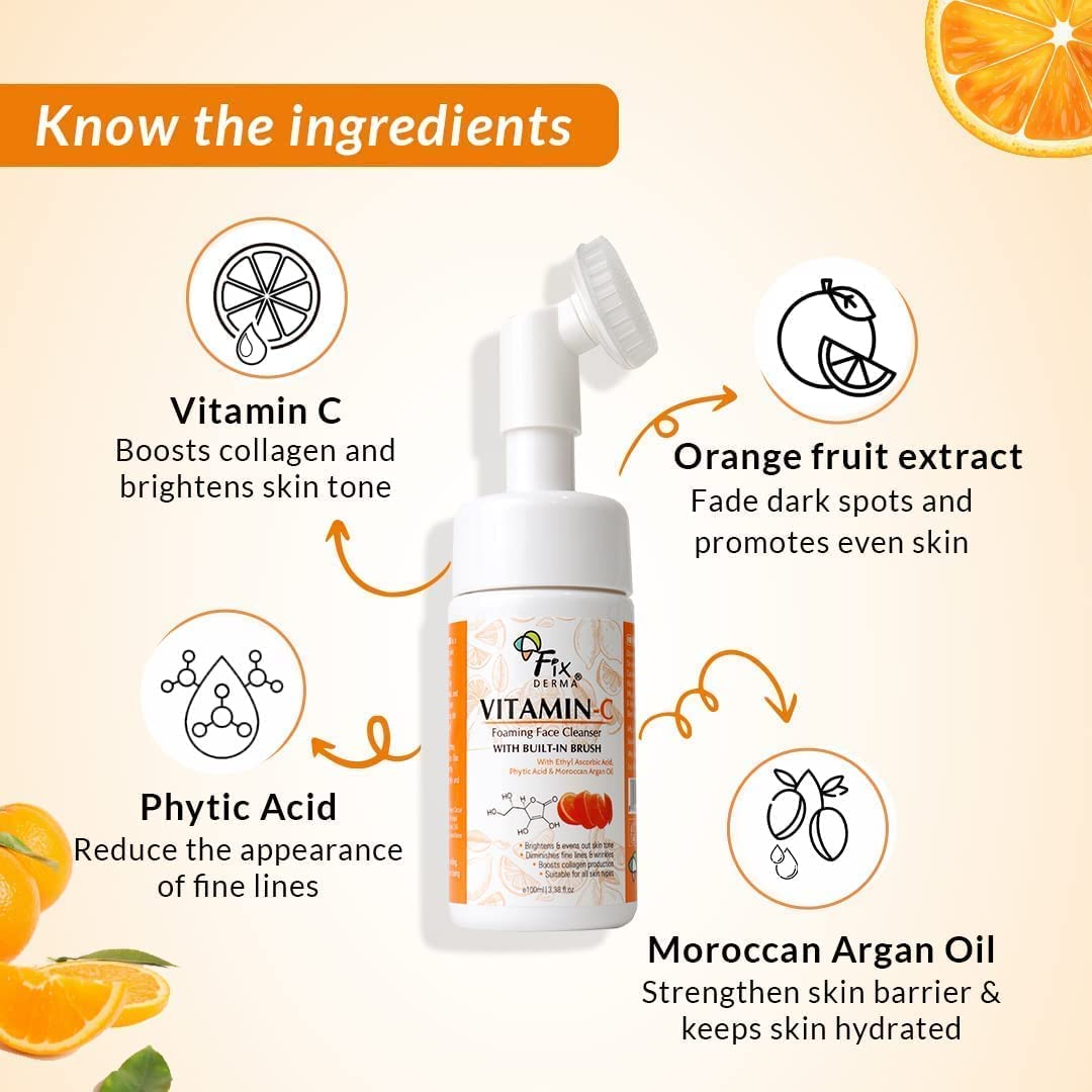 Vitamin C Foaming Face Cleanser with Brush - Brightening & Anti-Aging Facial Wash for Women & Men | Evens Skin Tone, Reduces Wrinkles & Exfoliates | 100ml | Perfect for Morning & Night Skincare Routine