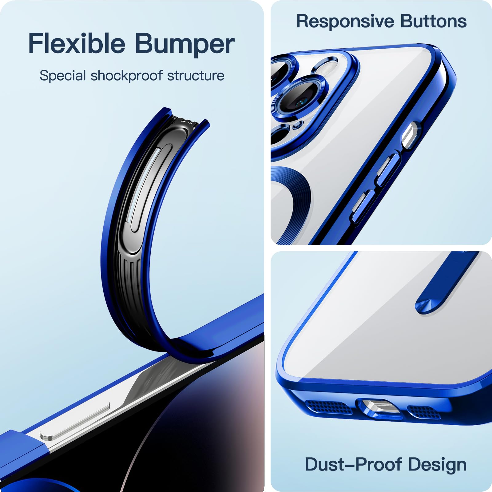 JETech iPhone 14 Pro 6.1-Inch Soft Clear Case with Full Camera Protection | MagSafe Compatible | Shockproof TPU Cover | Deep Blue | Perfect for Everyday Use & Wireless Charging