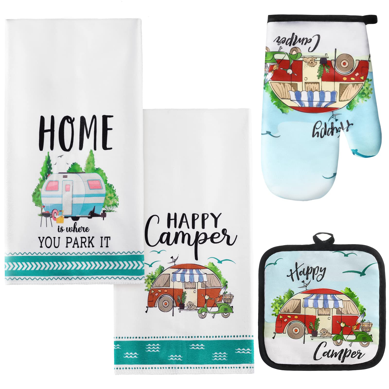 4-Piece Camping Dish Towels, Pot Holders & Oven Mitts Set - Soft, Absorbent RV Kitchen Towels for Camper, Dish Cloths & Hand Towels - Perfect for Outdoor Cooking, RV Trips & Picnics