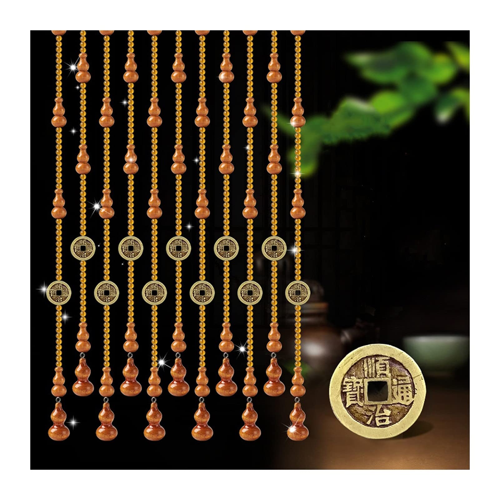 Natural Wooden Beads Door Curtain with Peach Gourd Crystals - Handmade Boho Room Divider for Cafe, Living Room, Bedroom & Aisle - Easy to Install & Custom Sizes - Perfect for Home Decor, Wedding Backdrops & Zen Spaces