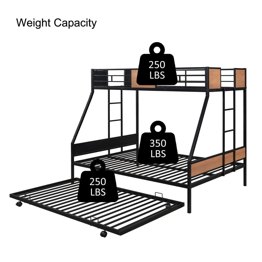 Metal Twin Over Full Bunk Bed with Trundle - Wooden Safety Guardrails & Dual Ladders - Space-Saving Black Bed Frame for Kids, Teens & Guest Rooms - Perfect for Small Bedrooms, Dorms & Vacation Homes