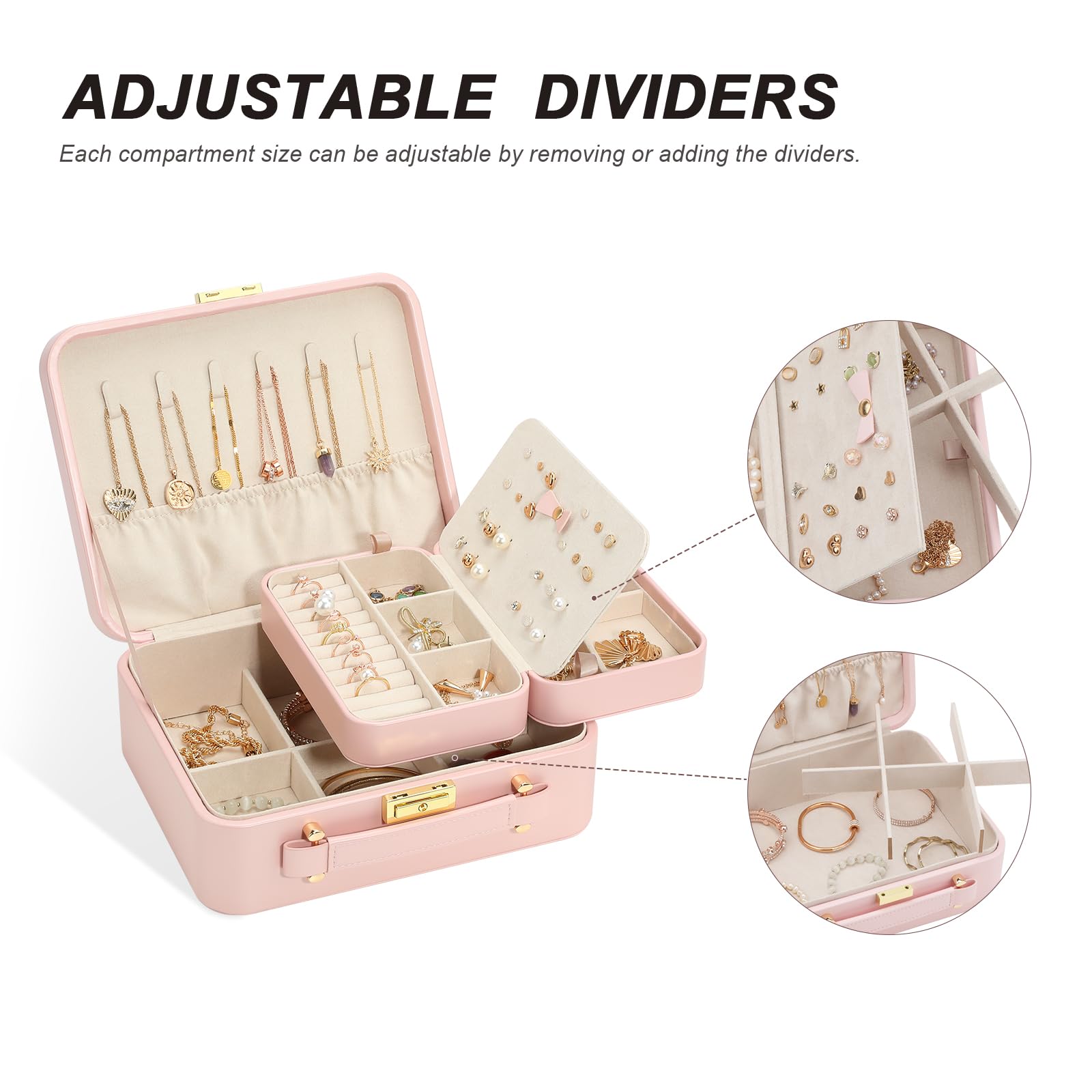 Large Jewelry Travel Case for Women - Pink Jewelry Organizer Box with Necklace Holder, Perfect for Travel, Gifts & Daily Storage
