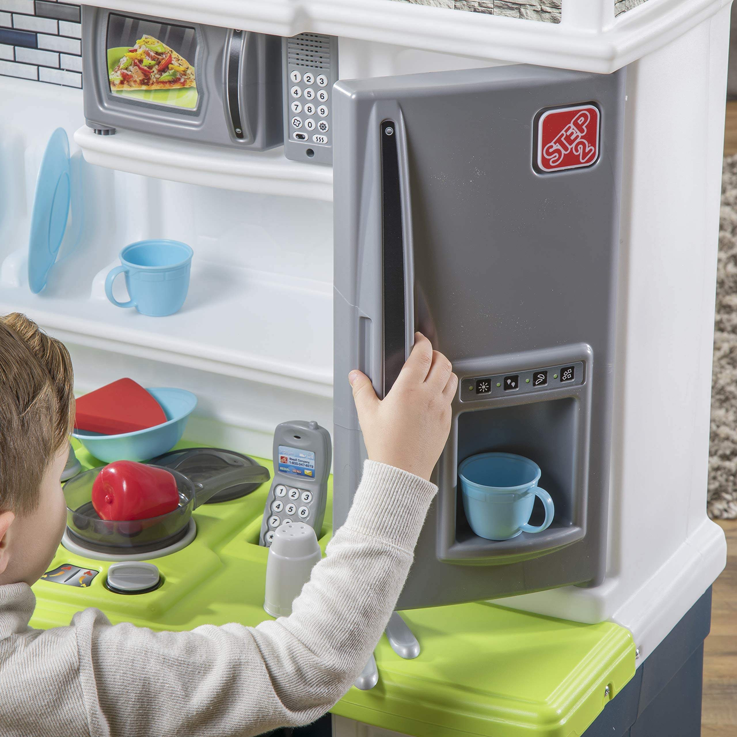 Step2 Lifestyle Custom Kids Kitchen Playset - Interactive Indoor/Outdoor Kitchenette with Lights & Sounds | Durable Plastic Toy for Toddlers Ages 2+ | 20-Piece Accessories | Blue | Perfect for Pretend Play, Birthday Gifts & Daycare Activities