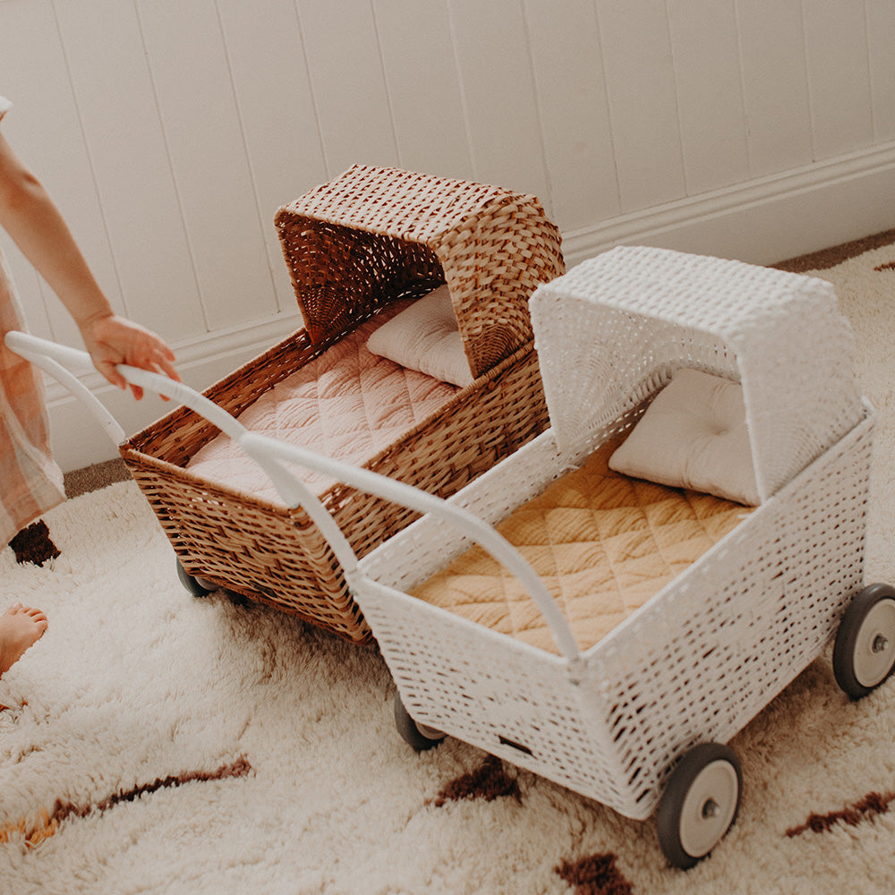 White Rattan Stroller - Lightweight & Durable Baby Stroller for Outdoor Walks, Park Visits, and Shopping Trips