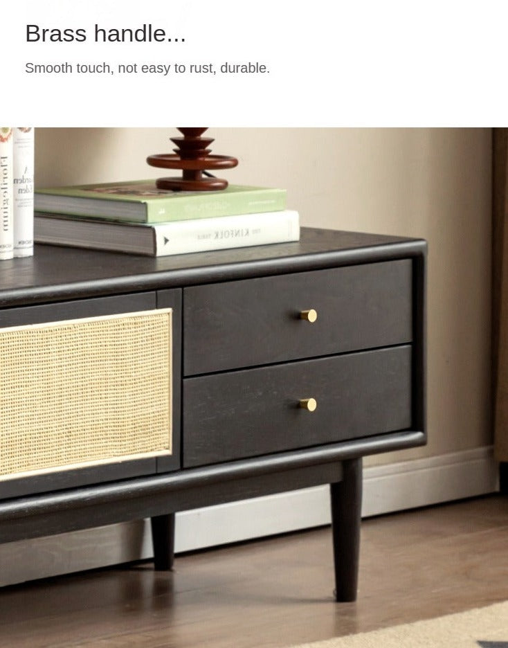 Solid Oak Wood Rattan TV Stand with 4 Drawers - Smoked Finish for Living Room, Bedroom & Home Theater Storage