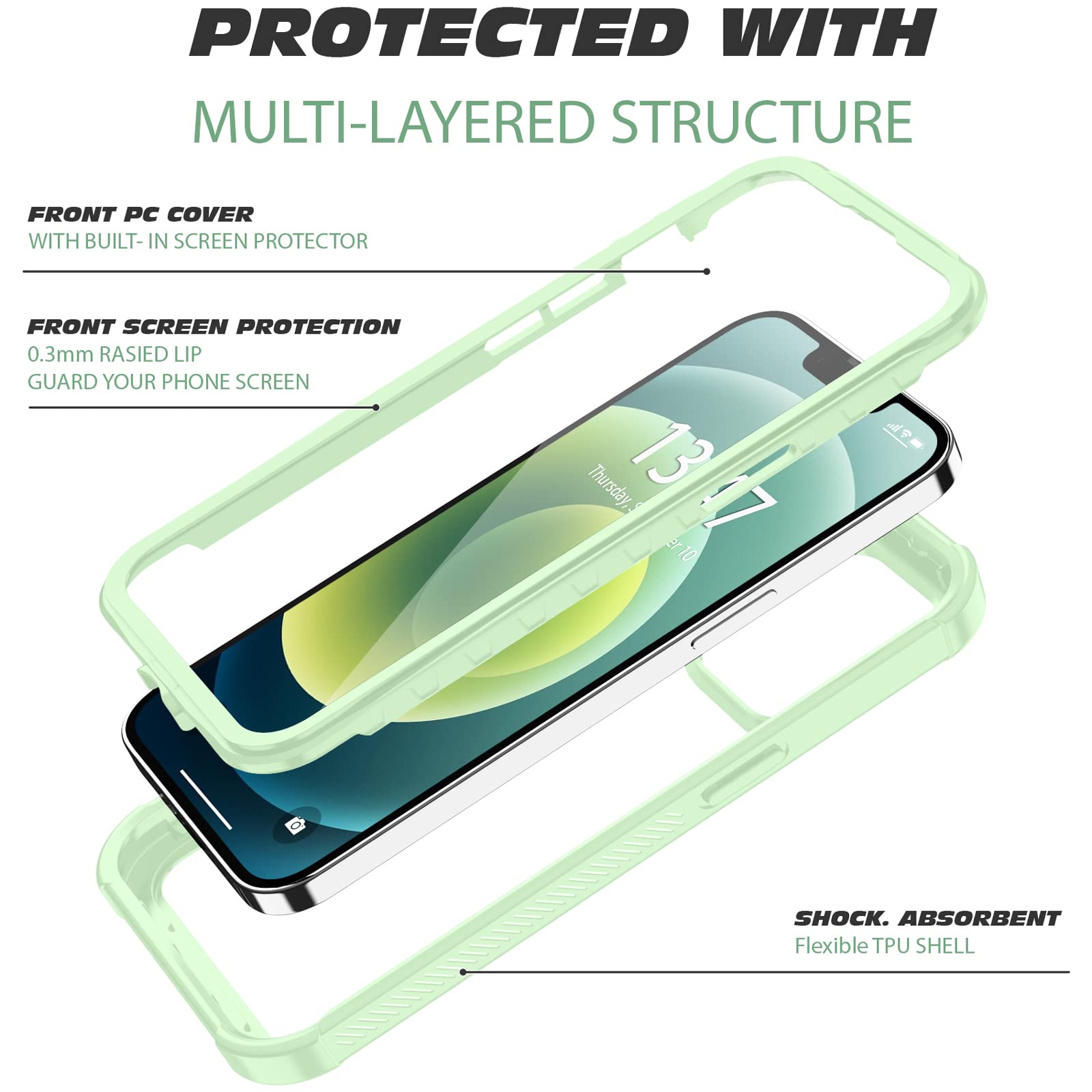 Premium Clear Shockproof iPhone 13 Case (6.1 Inch) - Slim Full Body Bumper with Built-in Screen Protector | Dustproof & Lightweight Cover | Green | Perfect for Outdoor Activities, Travel & Daily Protection