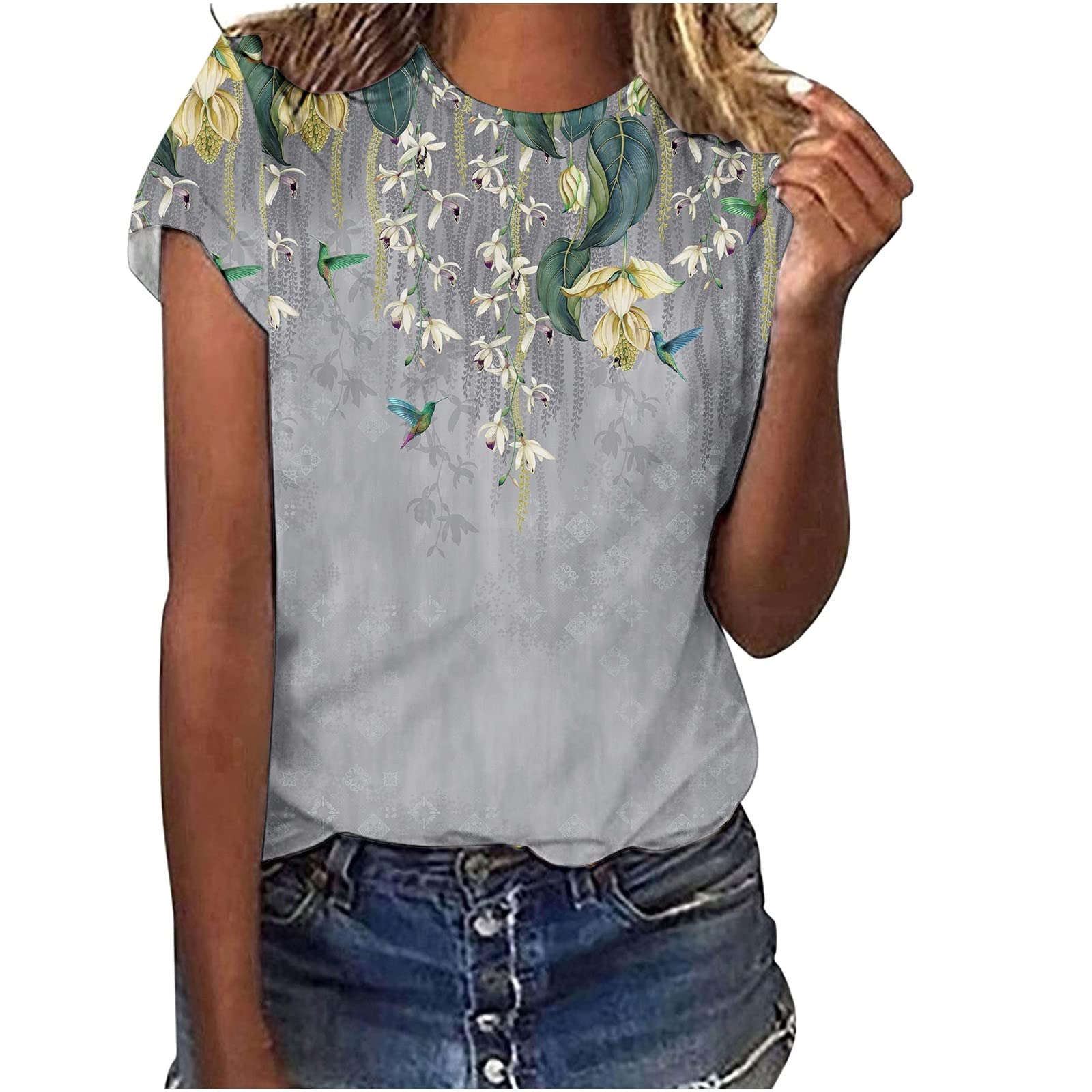 Women's Colorful Short Sleeve Floral Print Blouses & Tunic Tops - Loose Fit Crewneck T-Shirts for Casual Wear, Summer Outfits, and Office Style
