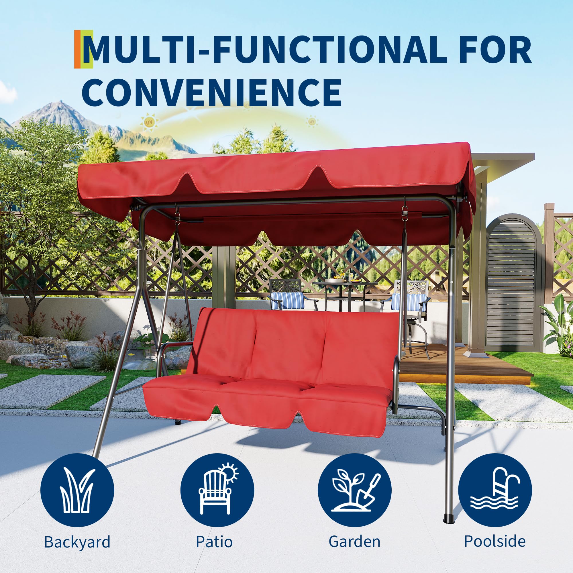 GARVEE 3-Person Patio Swing Chair with Convertible Canopy & Adjustable Tilt - Outdoor Hanging Glider Lounge for Porch, Garden, Backyard - Comfortable Red Swing for Relaxing, Reading & Enjoying Nature