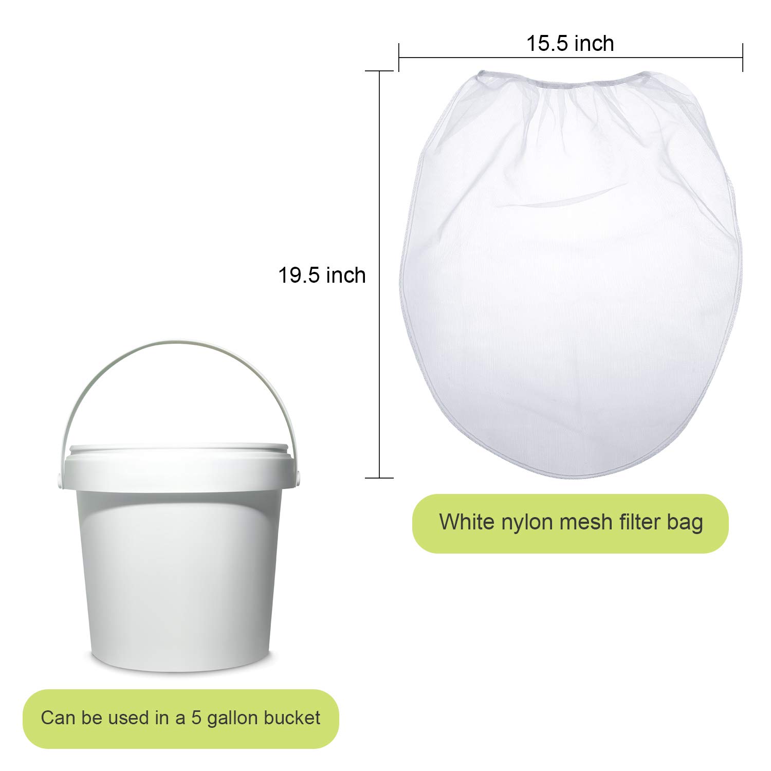5-Pack White Fine Mesh Paint Strainer Bags with Elastic Opening - 5 Gallon Bucket Filters for Hydroponic Gardening & Painting Projects | Durable Paint Filter Bags for DIY, Home Improvement & Professional Use
