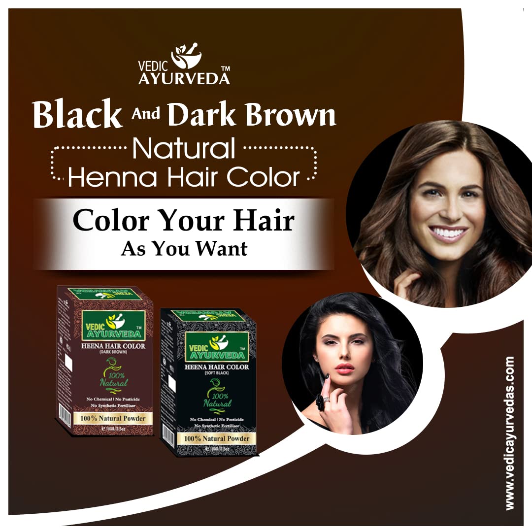 VedicAyurveda Natural Soft Black & Dark Brown Henna Hair Color Combo Pack - 100% Organic Herbal Hair Dye for Gray Coverage & Hair Conditioning | Perfect for At-Home Hair Coloring & Natural Hair Care Routine