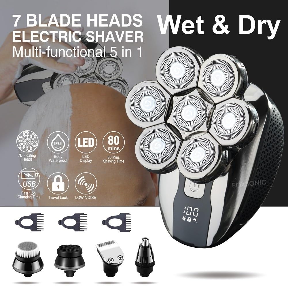 5-in-1 Electric Head Shaver for Men - Wet/Dry Rechargeable Hair Trimmer with 7D Floating Blades & Clipper Attachment | Perfect for Bald Head Shaving, Beard Trimming & Body Grooming at Home or Travel