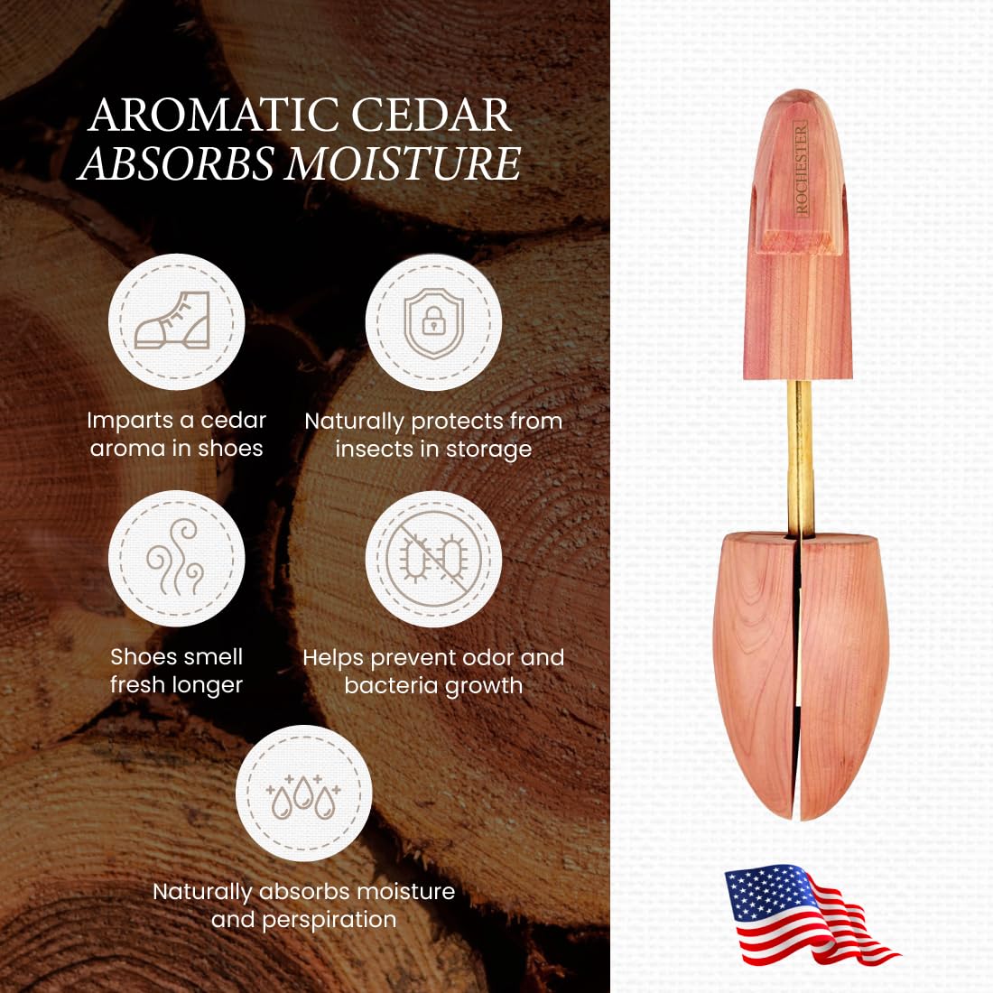 Premium Cedar Wood Shoe Trees for Men - Rochester Shoe Care Accessories - Keep Dress Shoes & Boots Fresh & Odor-Free - Perfect for Formal Wear & Office Use