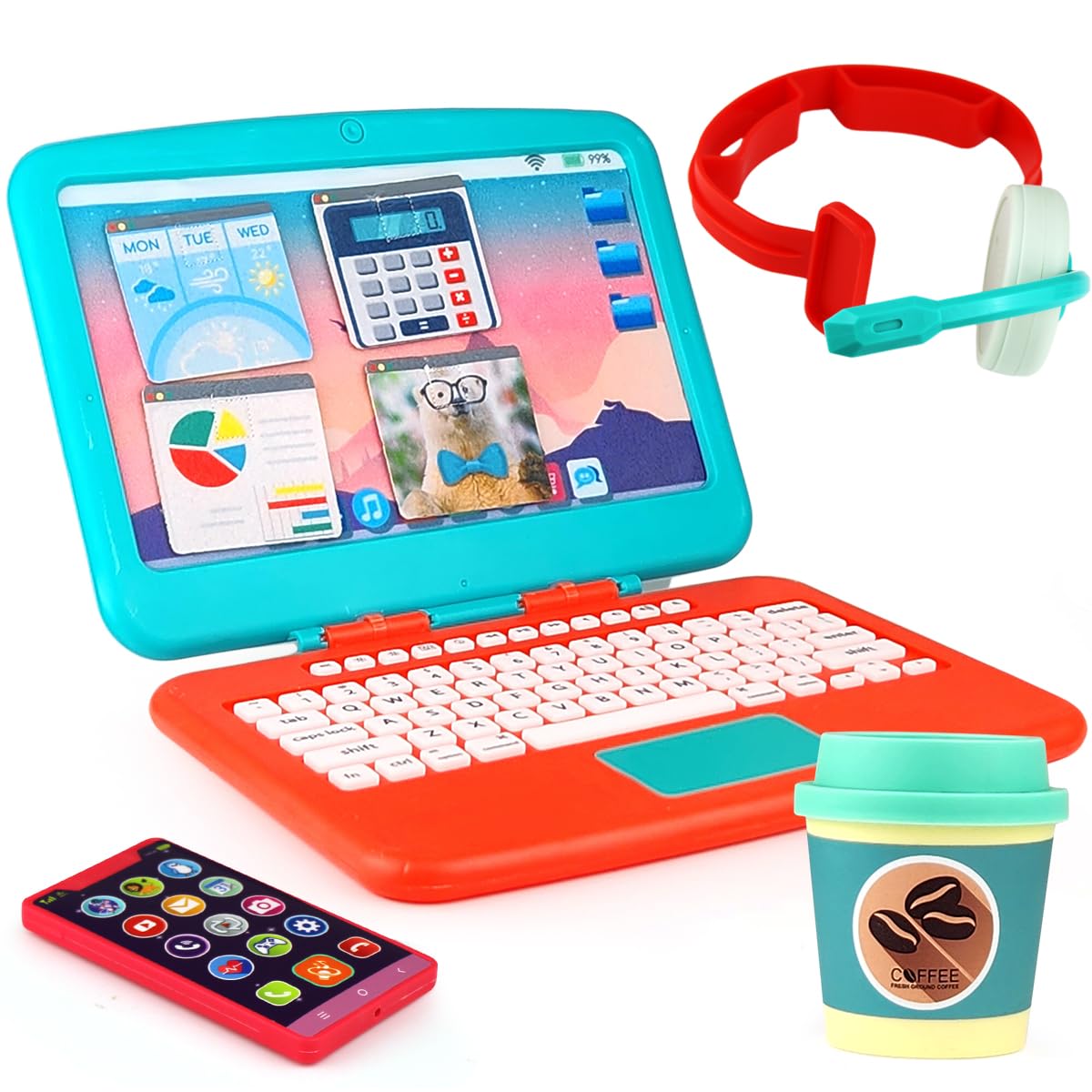Kids Pretend Play Workstation Set - Toy Office Play Set with Fake Laptop, Toy Phone, Coffee Cup & Headset for Toddlers Ages 3+ | Perfect for Imaginative Play, Role Playing & Early Learning Development