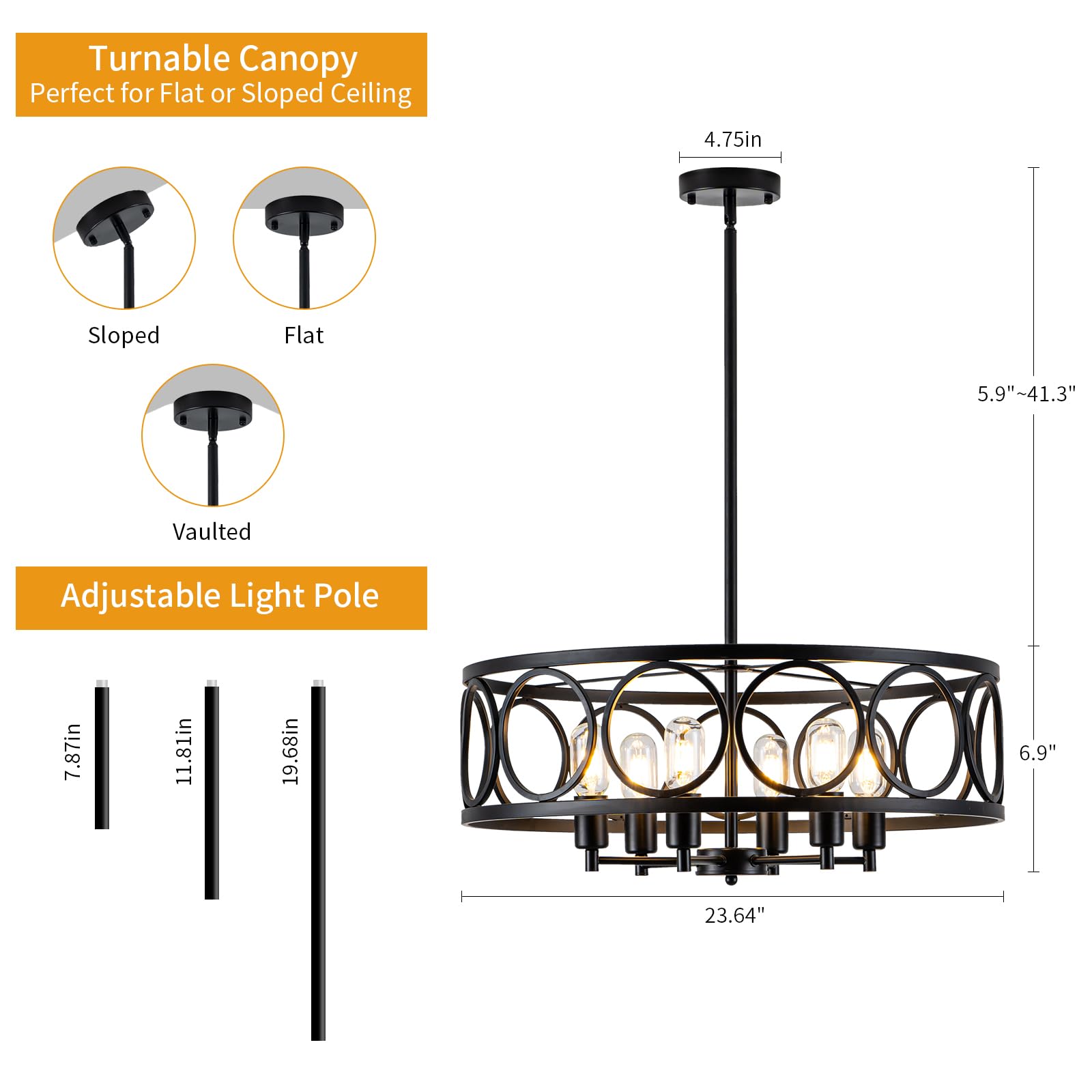 Black Farmhouse Chandelier - 6-Light Rustic Drum Dining Room Pendant Light - 23.6