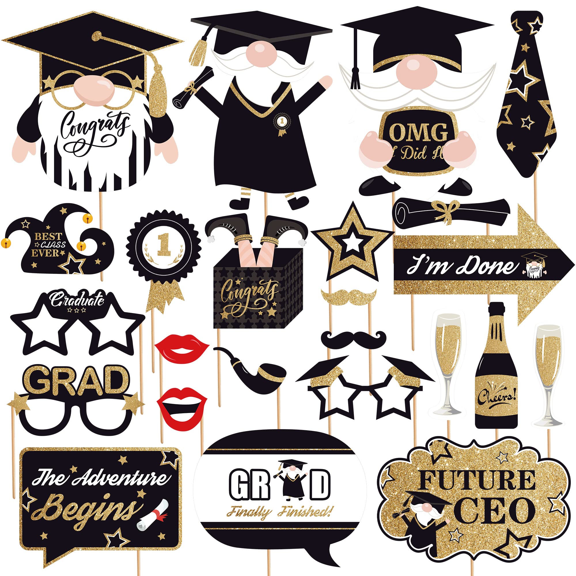 KatchOn Graduation Photo Booth Props 2024 - 25 Pack Black & Gold Class of 2025 Decorations | Perfect for Graduation Parties, Photo Shoots & Commencement Celebrations