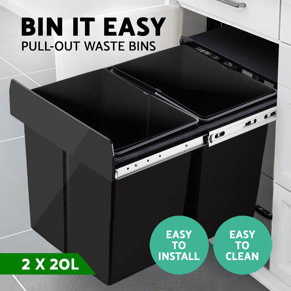 Cefito 2x20L Pull Out Trash Can - Black | Under Sink Kitchen Waste Bin with Smooth Gliding Tracks for Easy Access | Perfect for Home, Office, and Restaurant Use