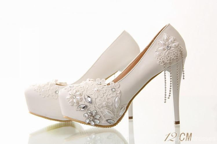 Elegant Lace Pearl Embellished Women's Wedding Bridal Shoes - Pointed Toe Heels for Brides, Prom, Evening Party & Special Occasions | Style S019