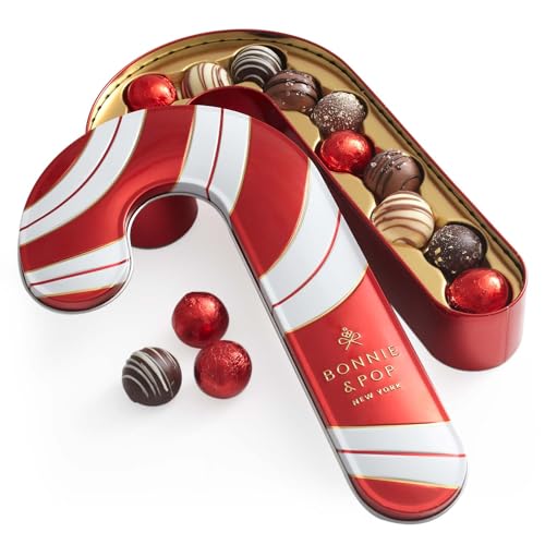 BONNIE AND POP - Luxury Christmas Gift Basket with Gourmet Chocolate Truffles & Candy Canes | Holiday Chocolate Candy Variety Pack | Perfect Stocking Stuffer, Office Gift & Festive Present for Family & Friends