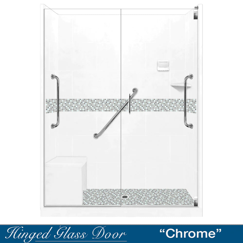 60 Alcove Natural Buff Sistine Stone & Del Mar Mosaic Accent DIY Shower Remodel Kit with Free Shampoo Niche - Bathroom Renovation Tile Set for Shower Walls and Backsplash