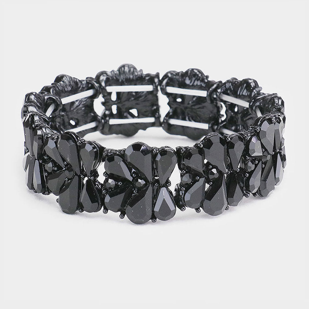Elegant Black Crystal Teardrop Cluster Stretch Bracelet for Pageant, Prom & Formal Events | Women's Fashion Jewelry Accessory for Evening Gala, Wedding & Special Occasions