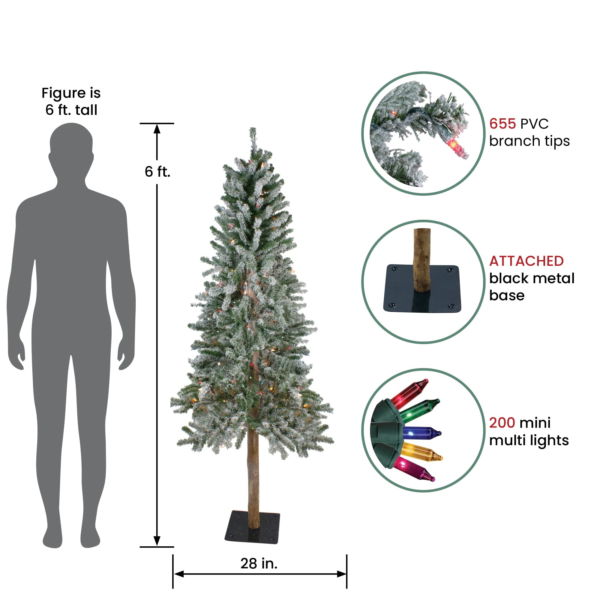 6ft Pre-Lit Slim Flocked Alpine Artificial Christmas Tree with 600 LED Warm White Lights - Perfect for Small Spaces, Apartments & Holiday Decorations