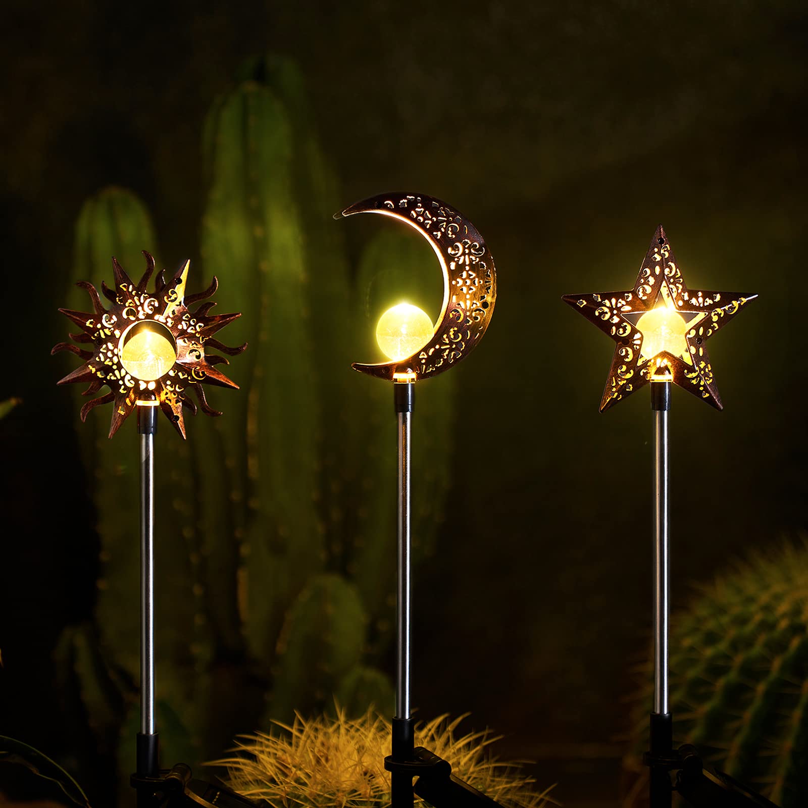 Solar Lights Outdoor Garden Decorations - Waterproof Warm White LED Stake Lights for Pathway, Lawn, Patio & Backyard | Sun Moon Star Design | Perfect for Courtyard, Yard & Landscape Lighting at Night