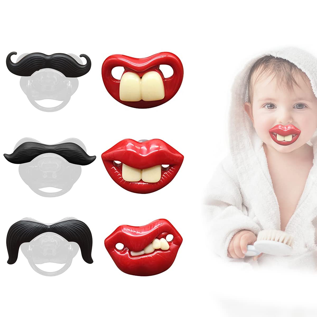Funny Teeth Baby Pacifiers - Food Grade Silicone Soothers with Red Lips & Beard Designs for Newborns 3+ Months (Tooth D+E+F+Beard A+B+C) - Perfect for Playtime, Photo Props & Soothing Teething Discomfort