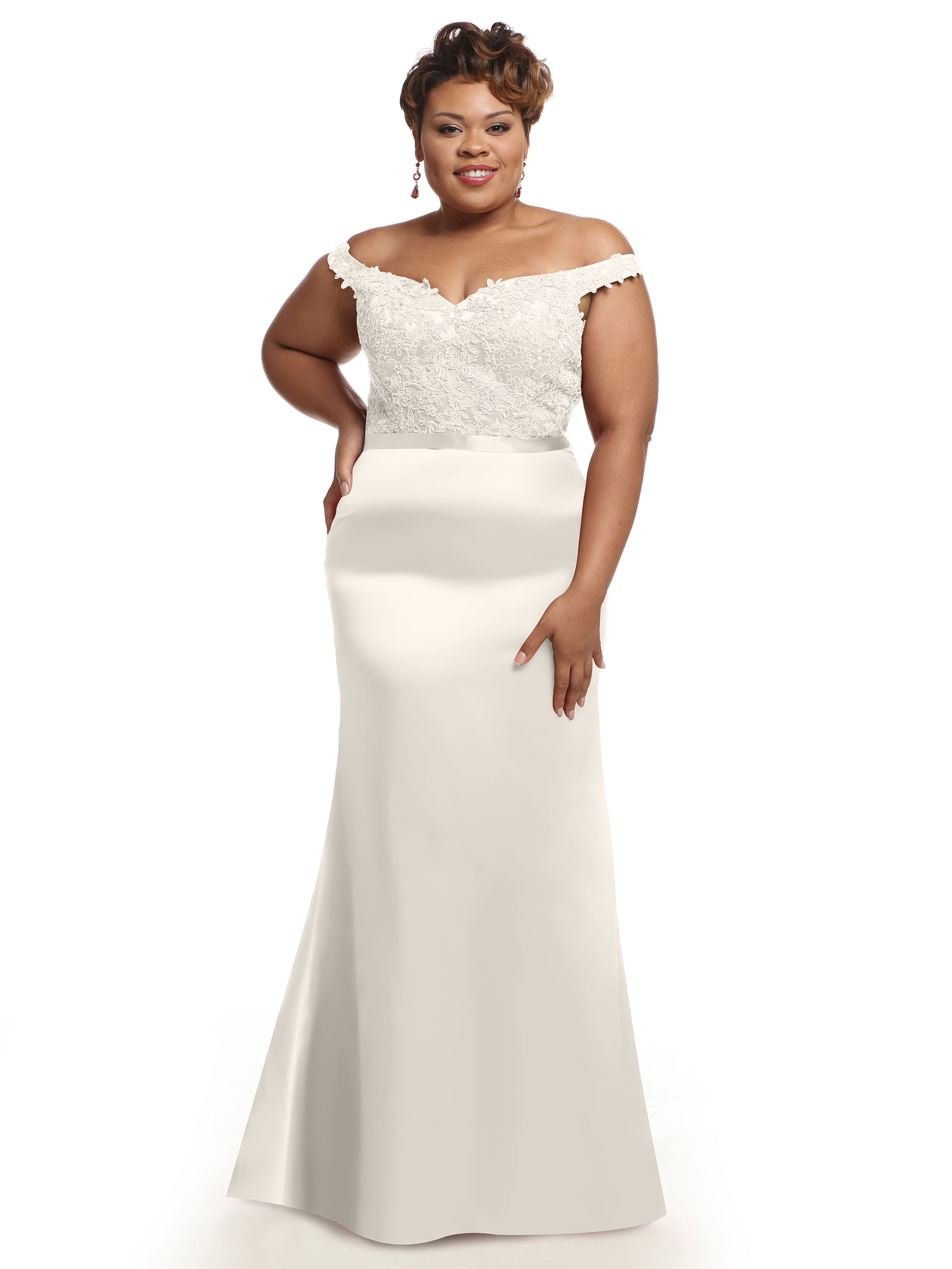 Elegant 80104 Satin Off-The-Shoulder Bridesmaid Dress with Lace Bodice & Waist Sash - Perfect for Weddings, Proms & Formal Events