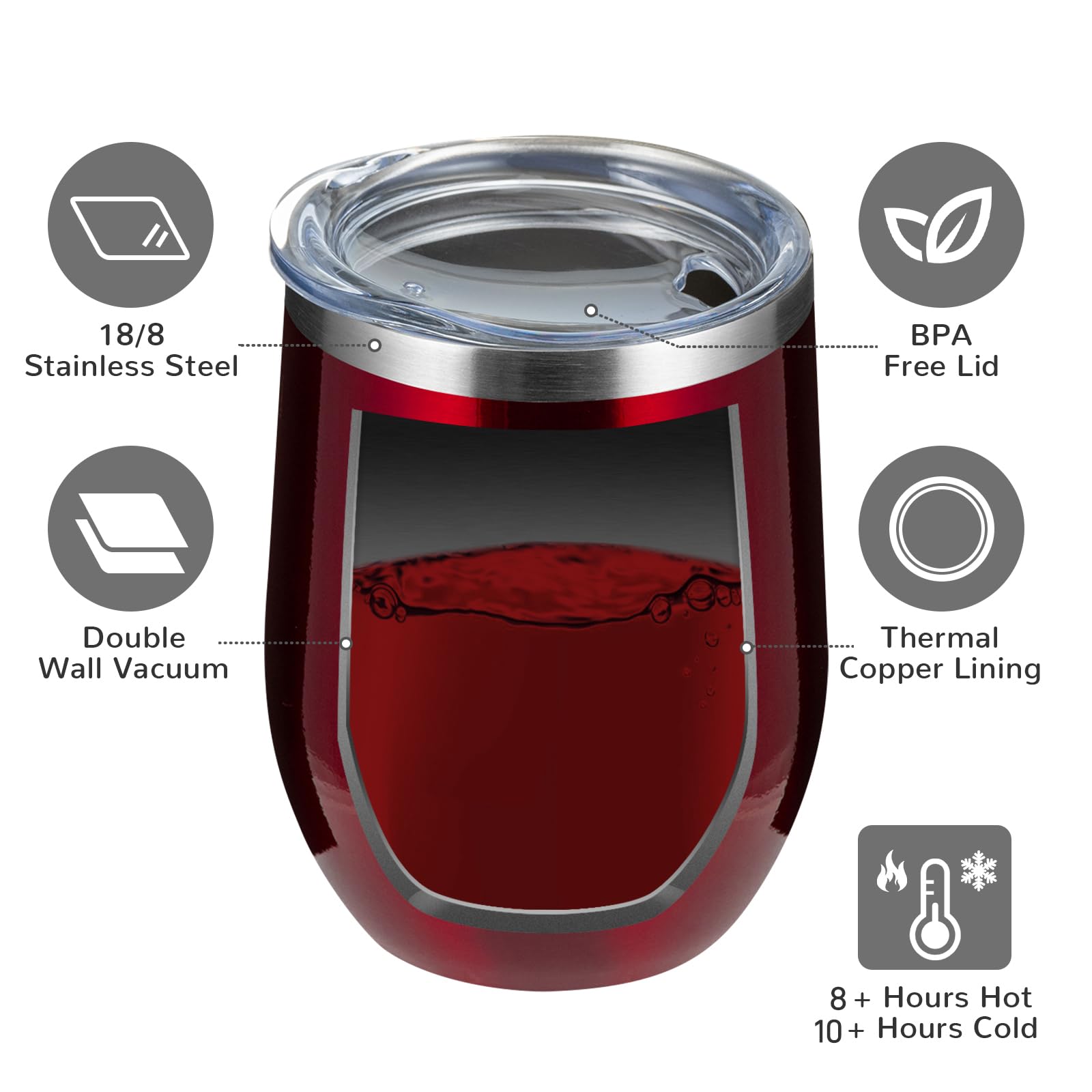 MEWAY 12oz/8 Pack Stainless Steel Wine Tumblers with Lid - Double Wall Vacuum Insulated Travel Cups for Hot & Cold Drinks - Perfect for Wine, Coffee, Cocktails, Gifts (Burgundy, 8-Piece Set) | Great for Outdoor Picnics, Camping, Parties & Home Entertaining