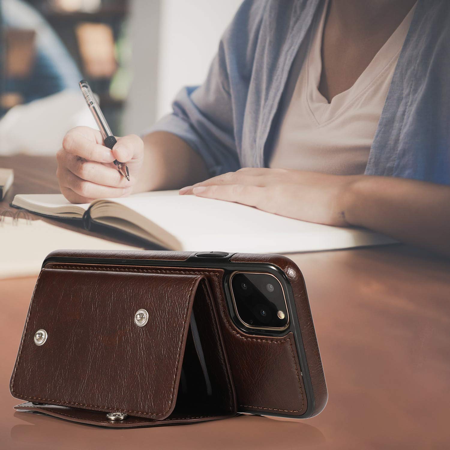 Premium PU Leather Wallet Case for iPhone 11 Pro Max - Card Holder with Neck Strap, Crossbody Chain & Wrist Strap | Protective Cover with Credit Card Slots (Brown) | Perfect for Travel, Shopping & Everyday Use