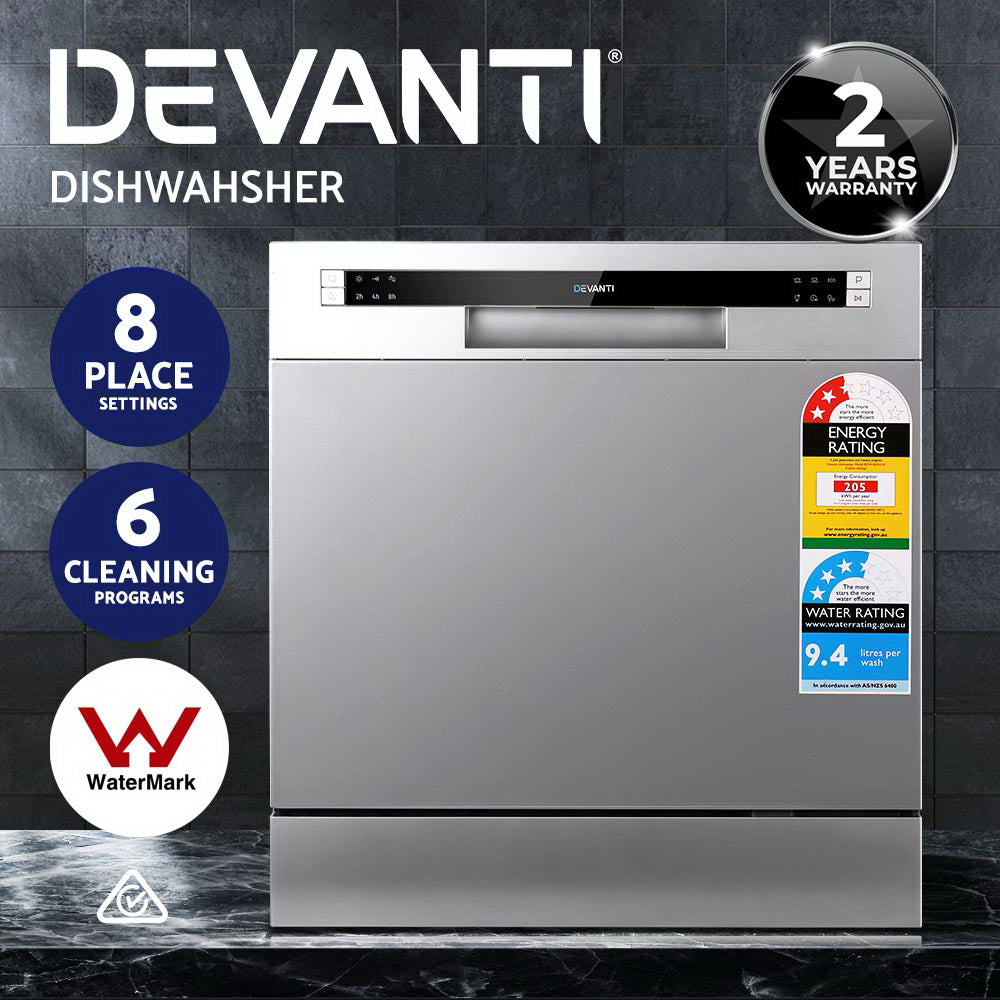 Devanti 8 Place Settings Compact Countertop Dishwasher in Silver - Perfect for Small Kitchens, Apartments & RVs