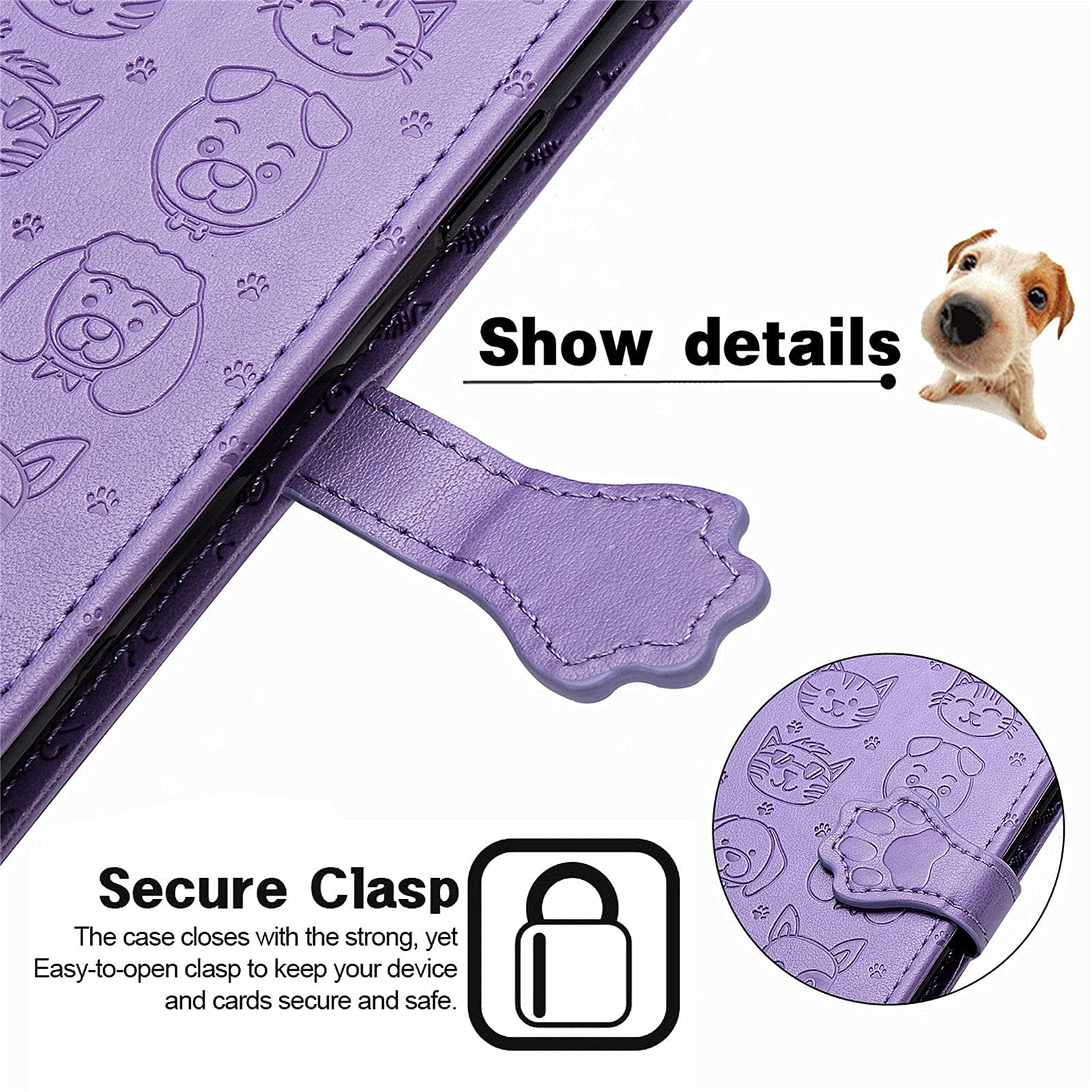 Cute Cartoon Cat Dog Pattern PU Leather Wallet Phone Case for Samsung Galaxy A03 Core - Magnetic Clasp, Cash & Card Slots Holder (Purple) - Perfect for Daily Use, Travel, and Hands-Free Convenience