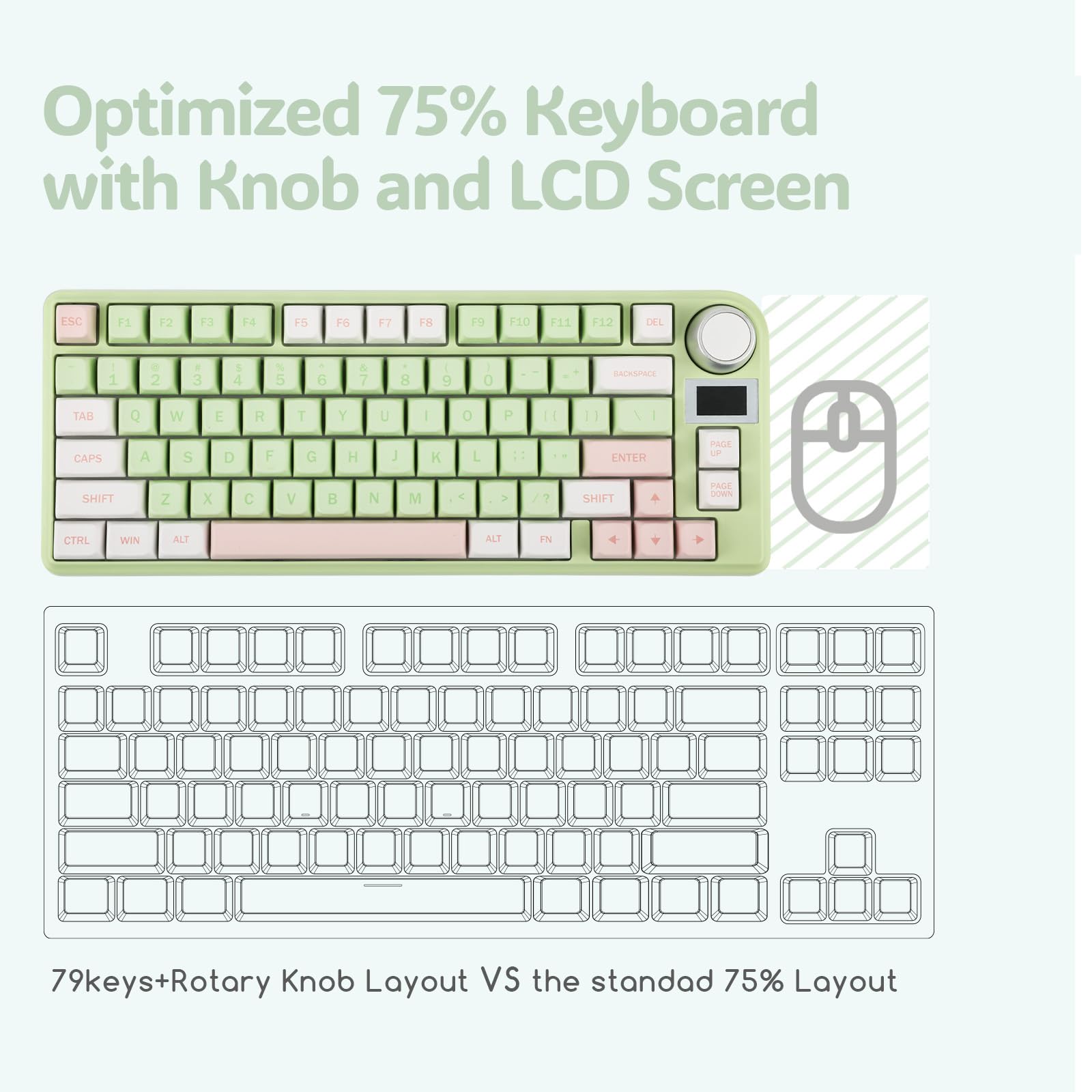 EPOMAKER TH80-X 75% Hot-Swap Mechanical Keyboard - RGB, LCD, 4000mAh for Gaming & Office (Green/Wisteria Switch)
