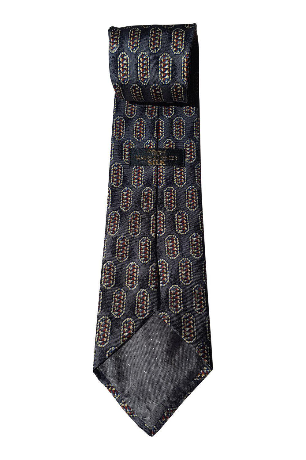 MARKS & SPENCER 100% Pure Silk Men's Necktie - Elegant Geometric Grey Pattern (58.5