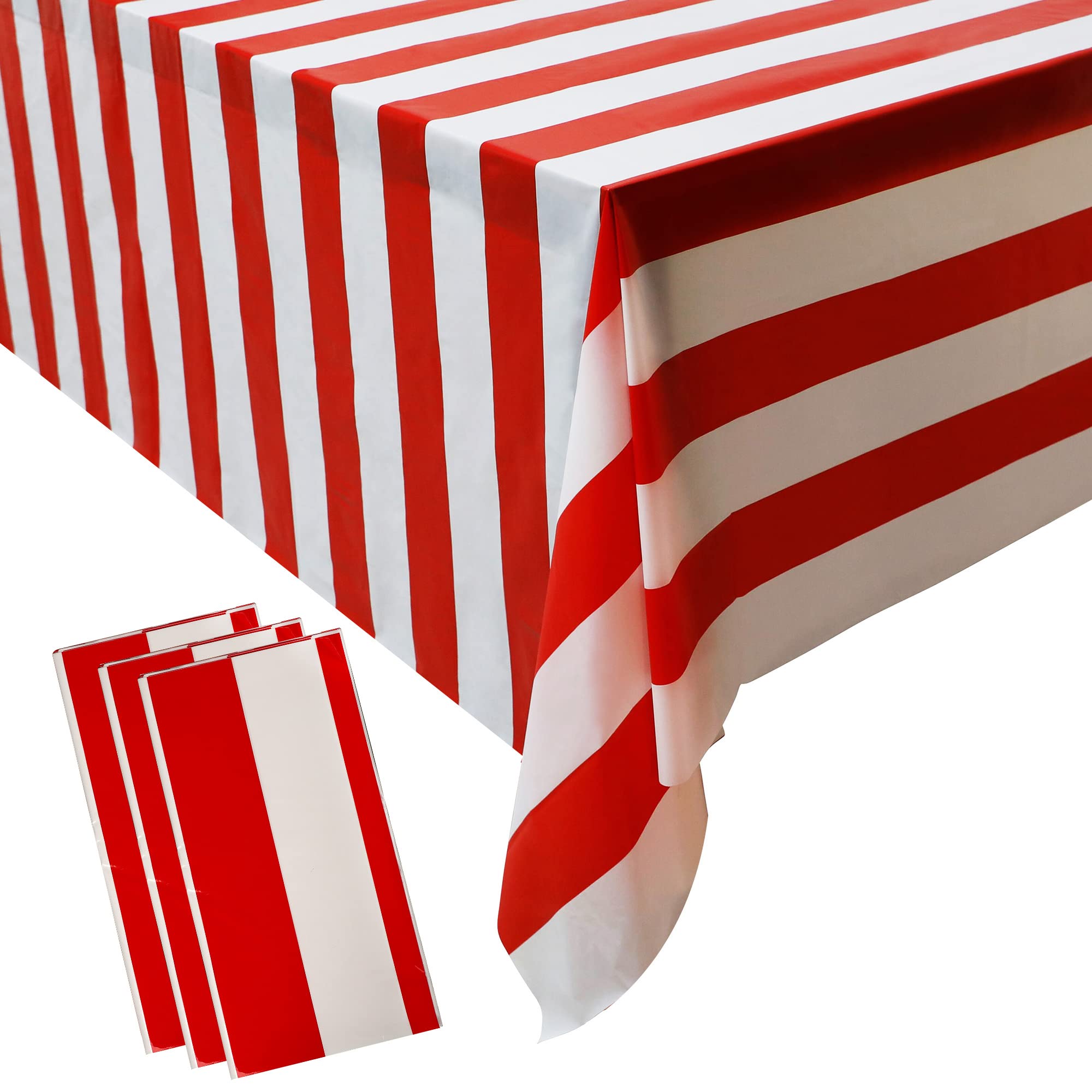 Peony Man 3-Piece Red & White Striped Plastic Tablecloth Set - Waterproof Rectangle Table Cover for Carnival, Circus, Holiday Party & Picnic Decorations (54x107 Inches) | Perfect for Outdoor Events, Birthday Celebrations & Restaurant Dining