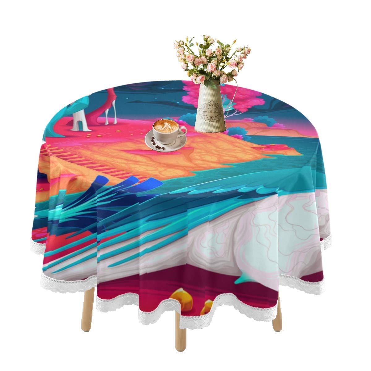 Waterproof Round Tablecloth 60 Inch - Cartoon Dragon Castle Design with Lace Trim, Durable Outdoor Dining Table Cover for Weddings, Picnics, Kitchen, Holiday Parties & Home Decor