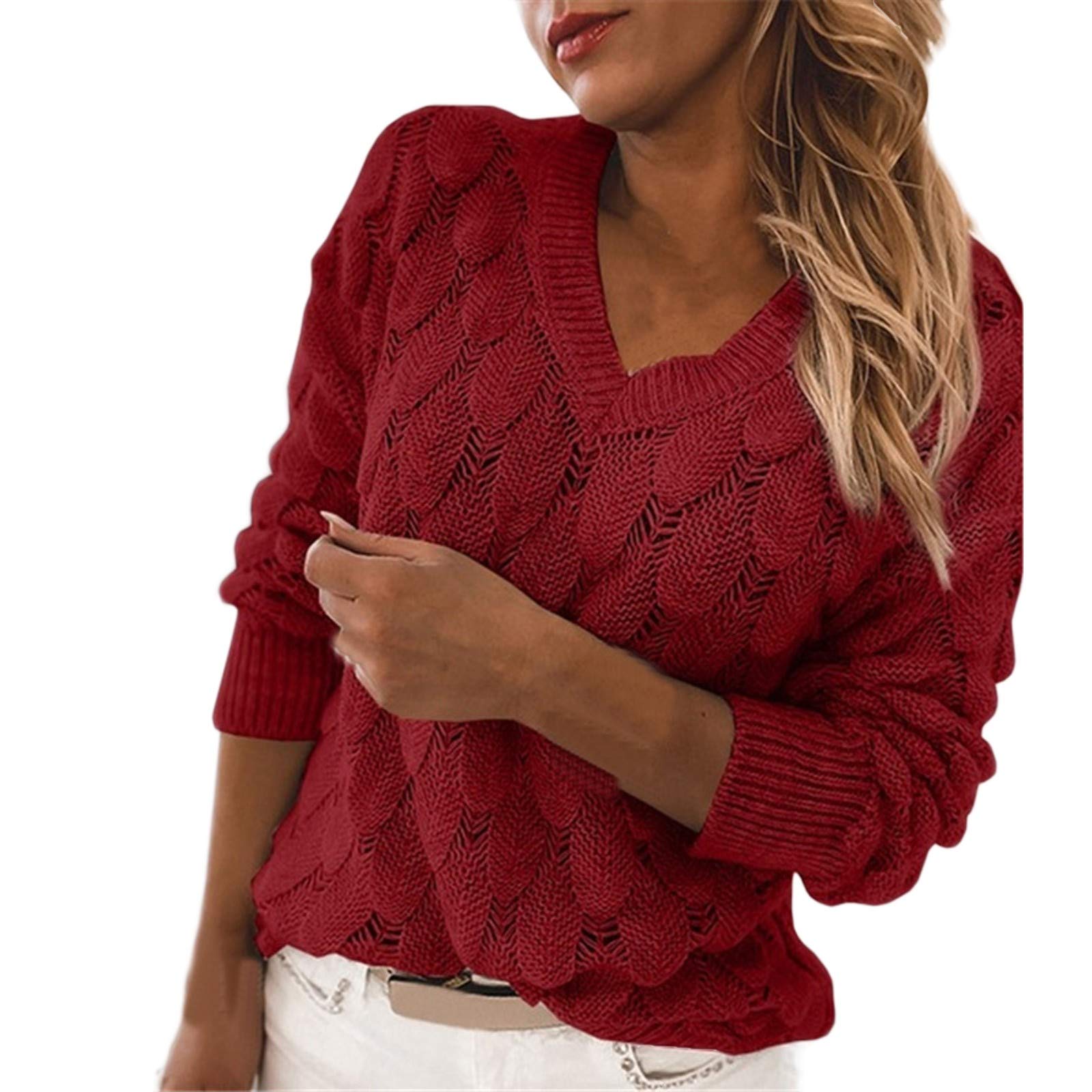 CSBYBD Women's V-Neck Feather Long Sleeve Blouse - Sexy Plus Size White Sweater Top for Office, Date Night & Casual Wear
