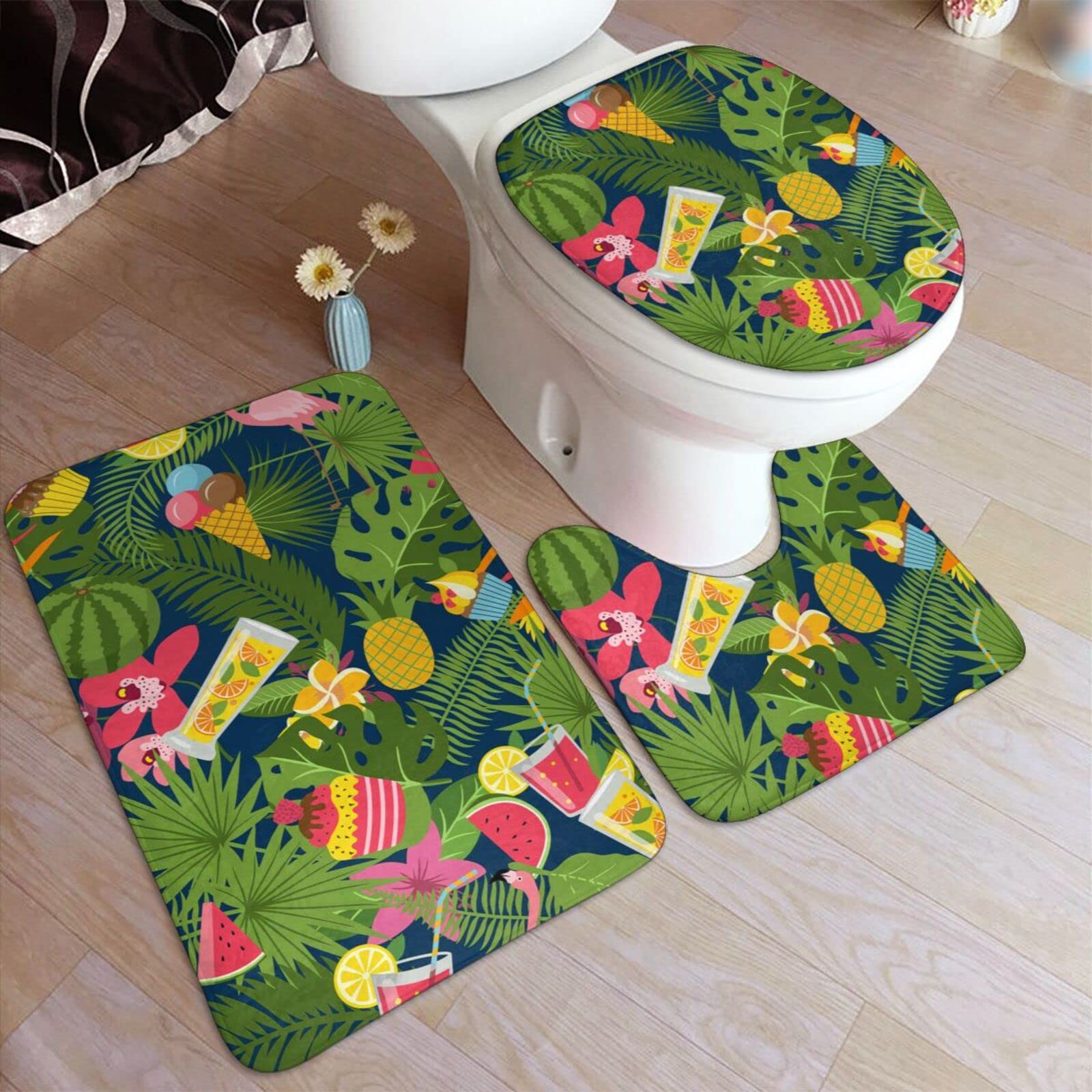 Tropical Flamingo Bath Rug Set - 3 Piece Non-Slip Bath Mat with U-Shaped Contour & Toilet Lid Cover | Soft Absorbent Flannel for Bathroom | Perfect for Beach House, Tropical Decor & Spa Style Bathrooms
