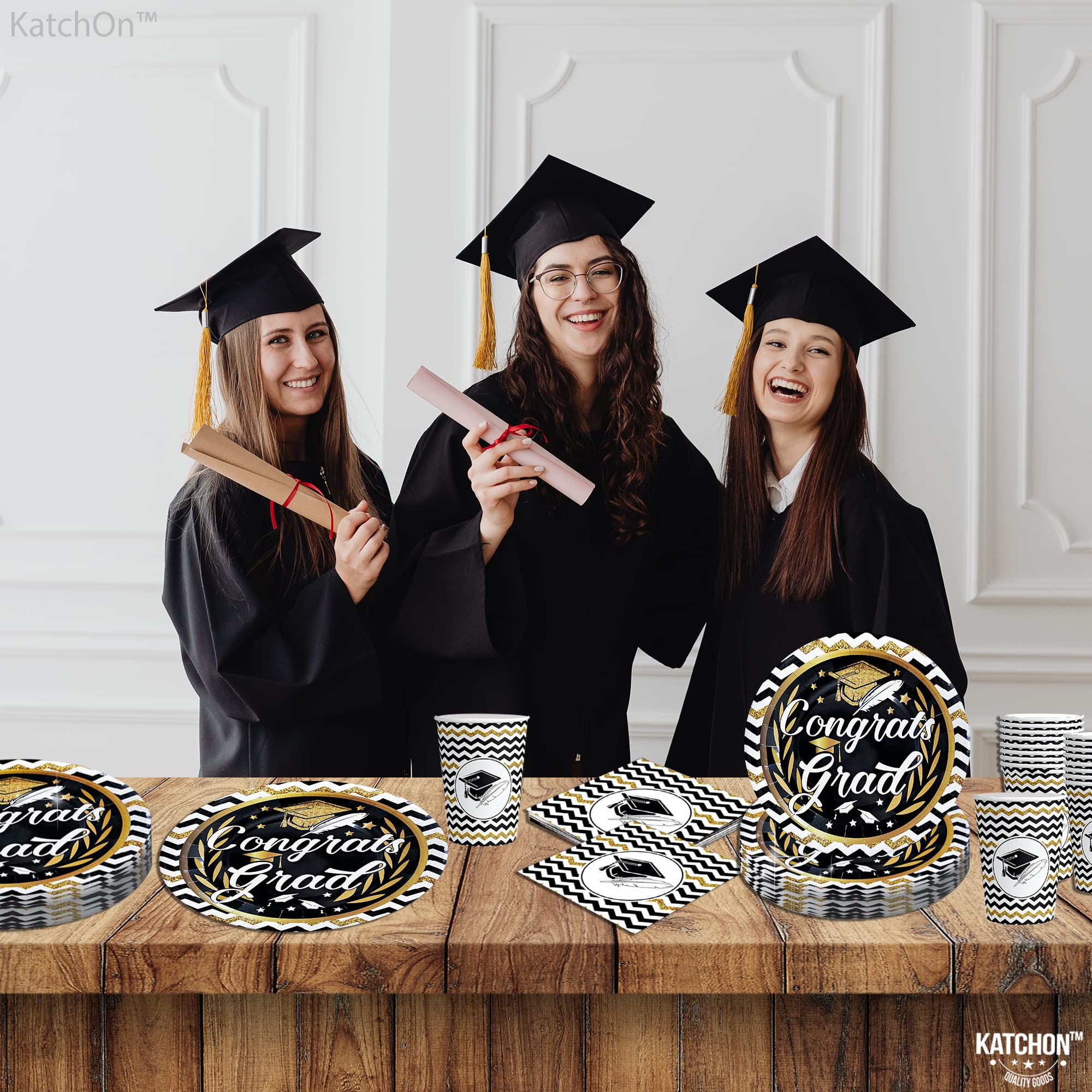 KatchOn 2025 Graduation Party Plates & Napkins Set - 44-Pack Black & Gold Congrats Grad Decorations for Commencement Celebrations | Perfect for Graduation Ceremonies, Open Houses & Senior Parties