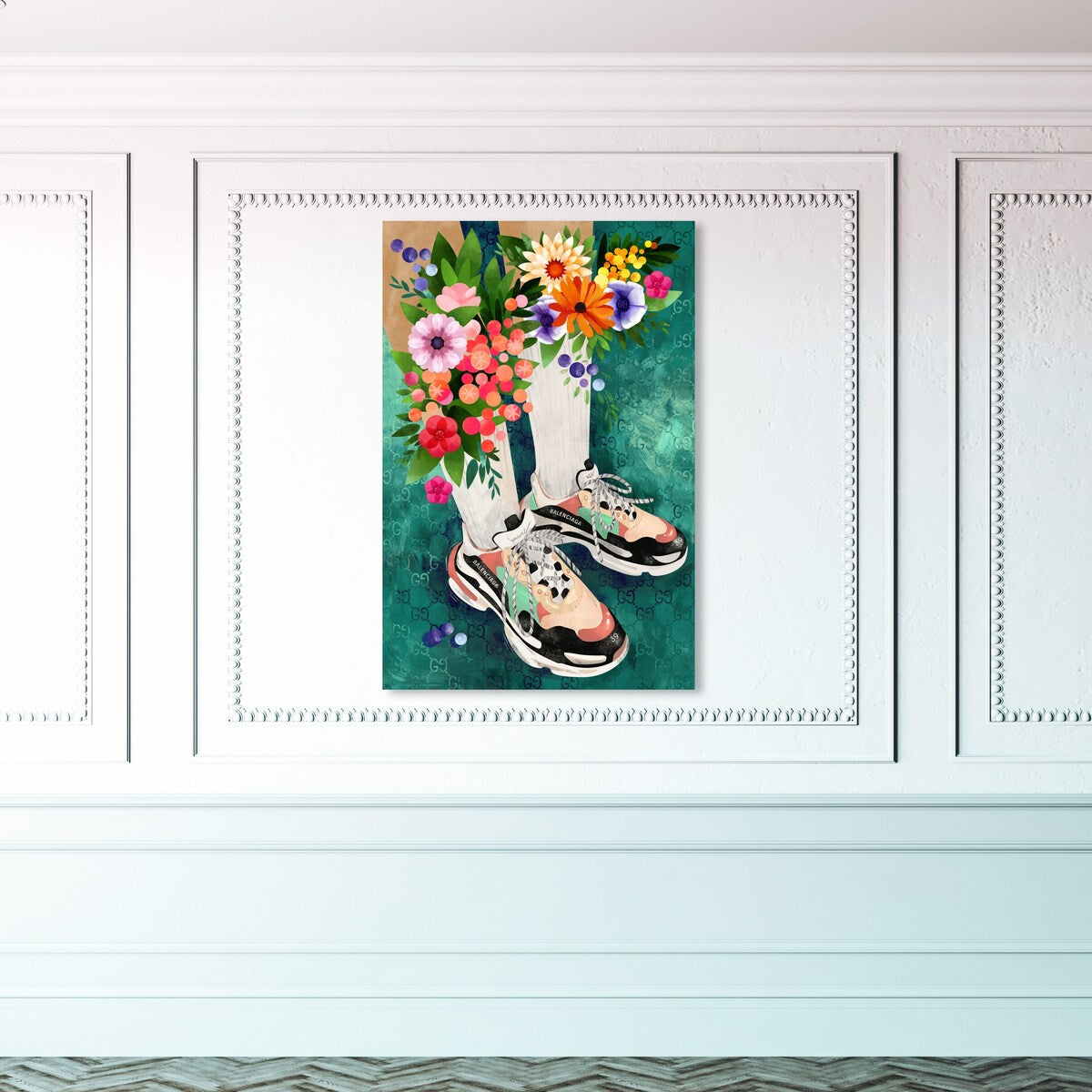 Stylish Floral Sneakers & Socks Set with Modern Green Canvas Wall Art Print - Perfect for Bedroom Decor and Casual Outfits