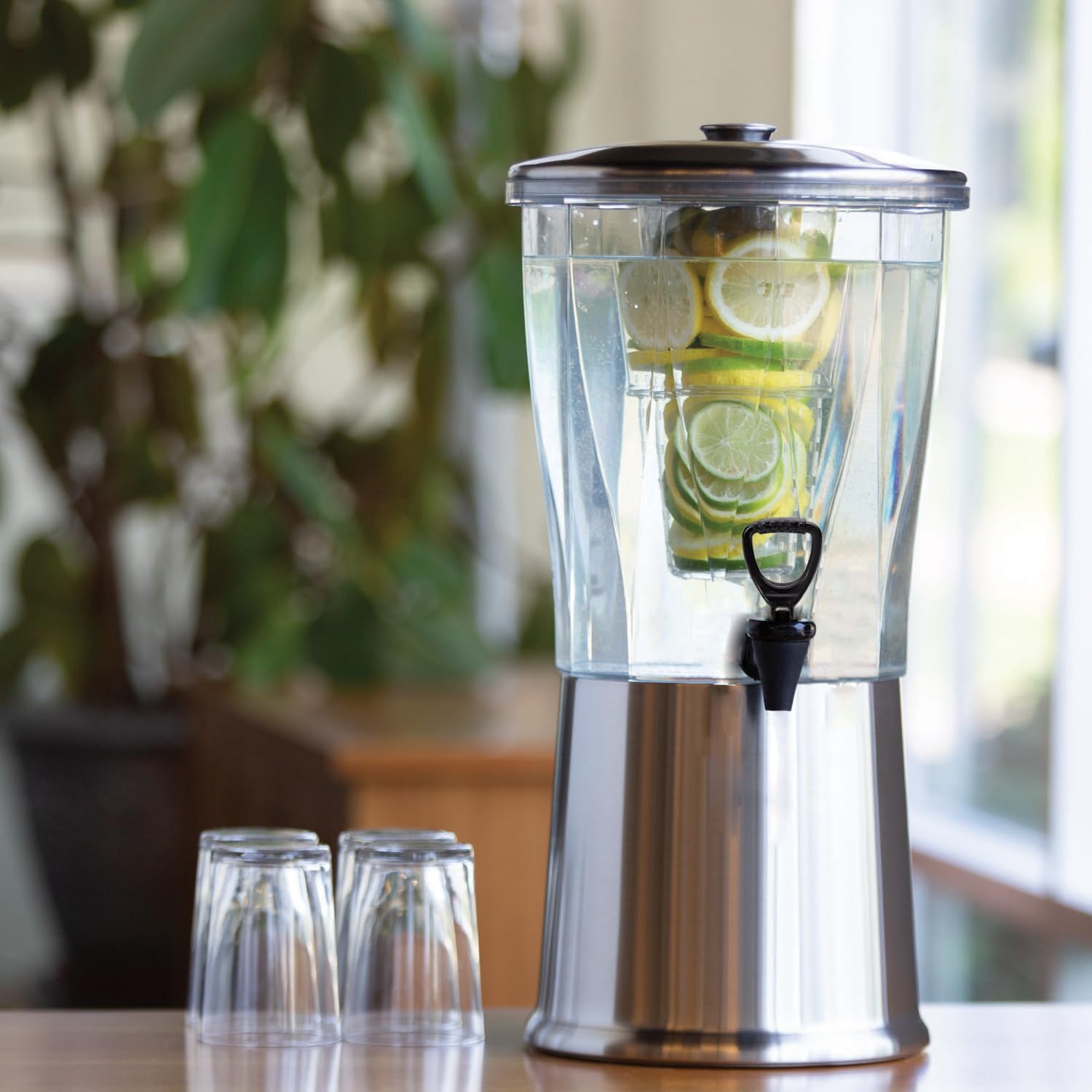 3 Gallon Round Beverage Dispenser with Plastic Container & Infuser Tube - Stainless Steel Base & Lid, NSF Certified - Perfect for Parties, Events & Catering