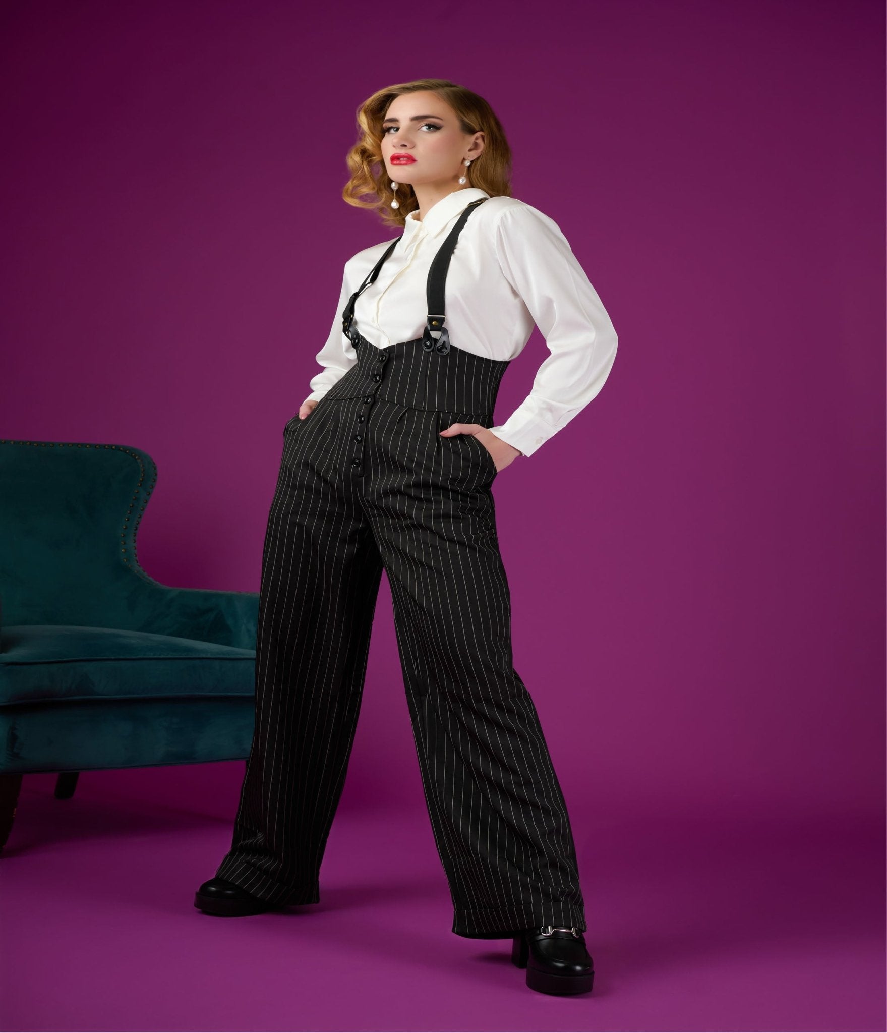 Vintage 1930s Black & White Pin Stripe Thelma High Waist Suspender Pants for Women - Retro Fashion, Flapper Style, Gatsby Party Outfit, Cosplay Costume