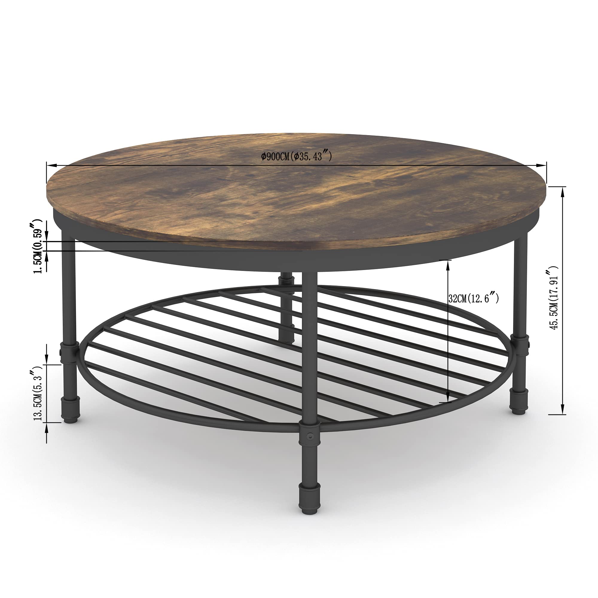 2-Tier Round Coffee Table with Wooden Top & Metal Frame - Industrial Rustic Living Room Accent Table with Storage Shelf - Retro Brown Finish for Home Decor & Small Space Organization