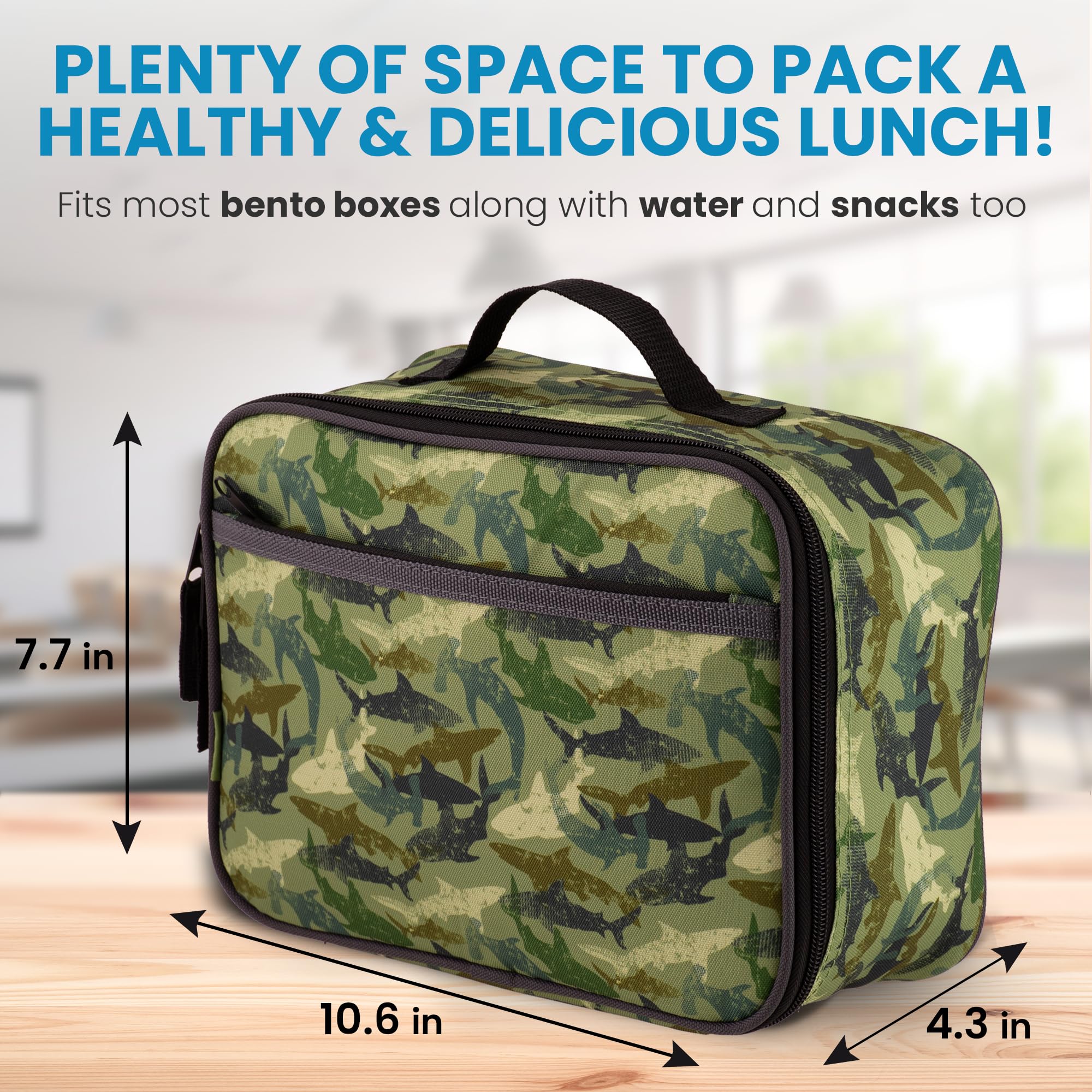 Zulay Insulated Lunch Bag for Kids - Thermal School Lunch Box with Spacious Compartment & Built-in Handle - Leakproof Reusable Lunch Tote for Boys & Girls to Keep Food Fresh (Shark Camouflage) - Perfect for School, Picnics & Outdoor Activities