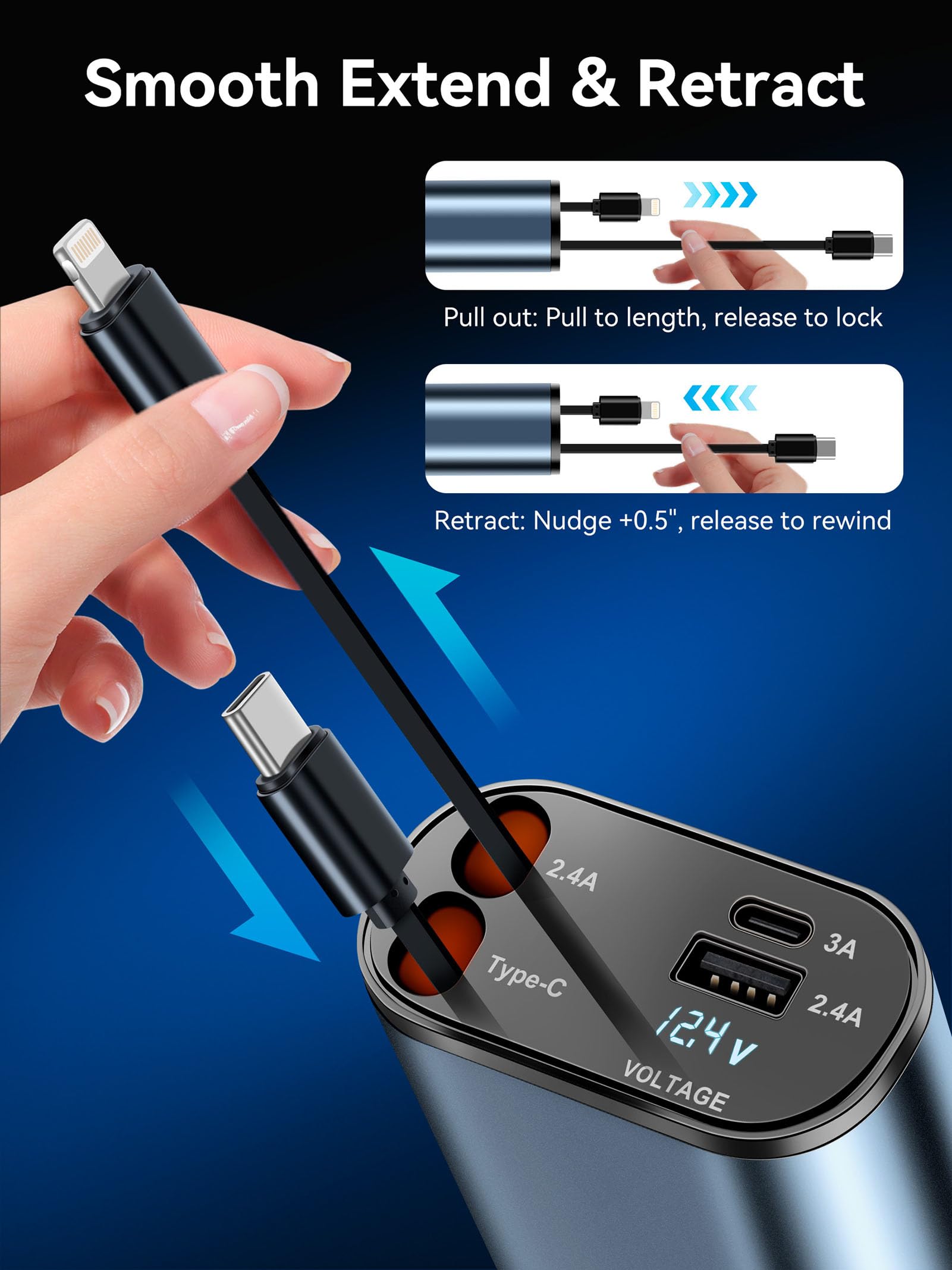 66W Fast Retractable Car Charger with USB C Ports - 4-in-1 Smart Phone Charger Adapter for iPhone & Android - Perfect for Road Trips, Commuting & Emergency Charging