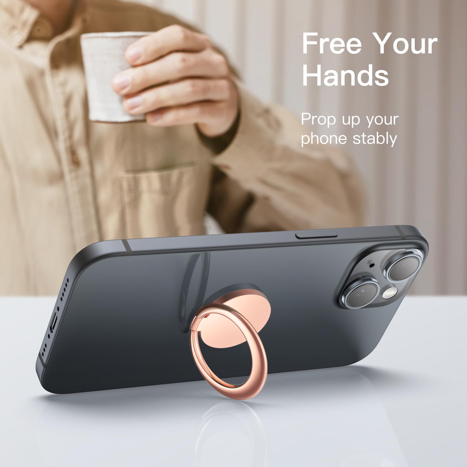 JETech 360° Rotating Metal Phone Ring Holder - Adjustable Finger Grip & Magnetic Car Mount Stand - Compatible with iPhone, Galaxy, Pixel & Most Smartphones (Rose Gold) - Perfect for Driving, Watching Videos & Hands-Free Use