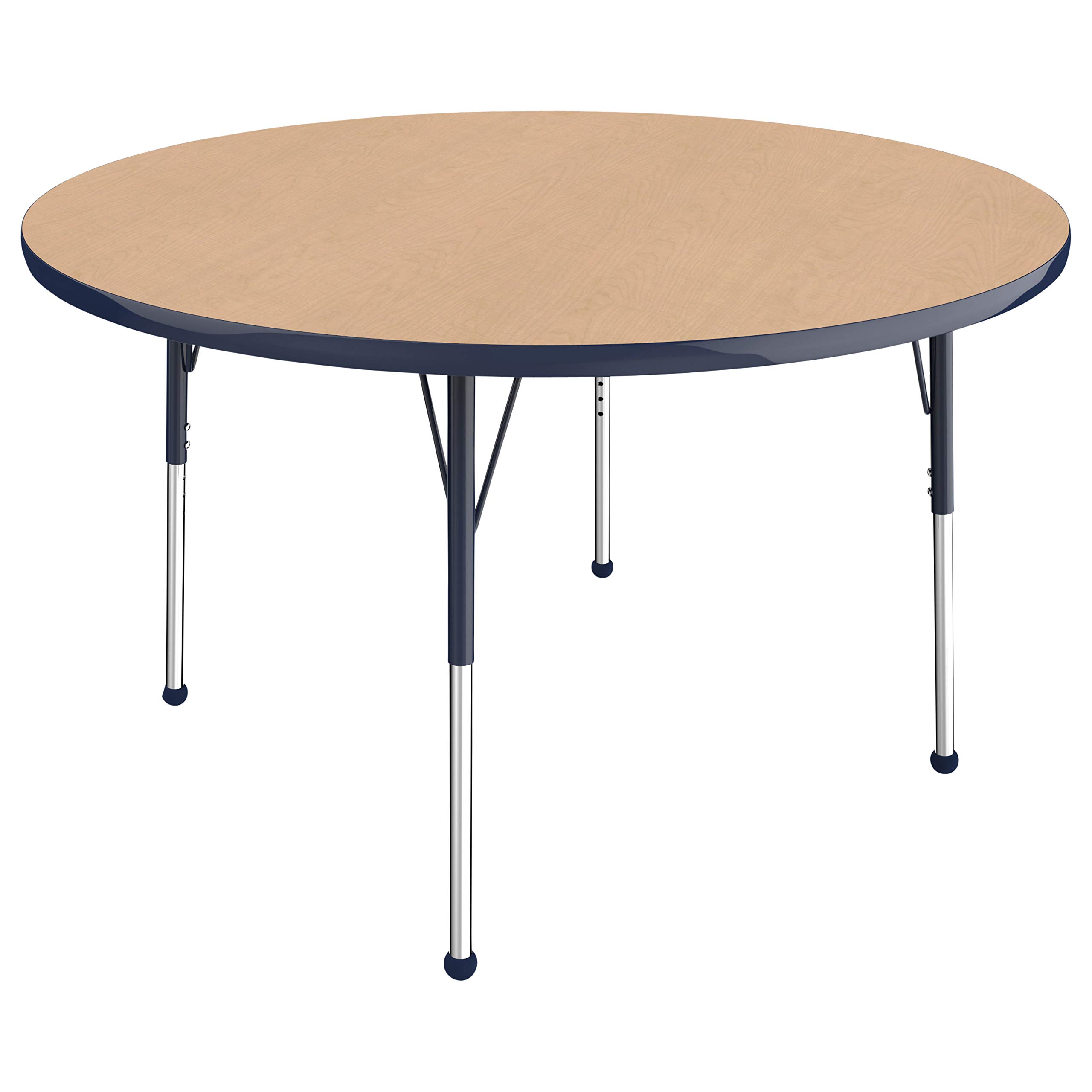 Adjustable Height Round Activity Table - 48 Inch Maple Top with Navy Edge, Standard Legs & Ball Glides for School, Office, or Home Use - Perfect for Classrooms, Meetings, and Multi-Purpose Workspaces